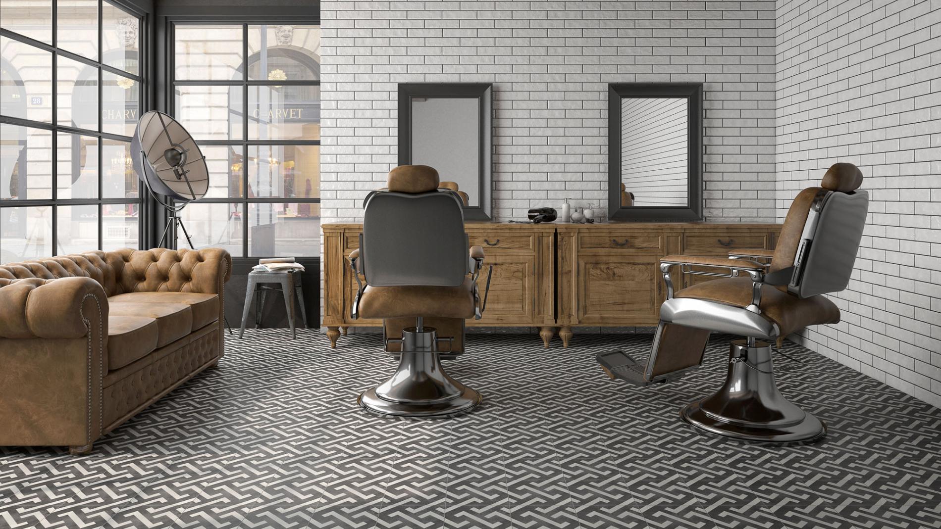 Signac tiles featured on flooring of barbershop