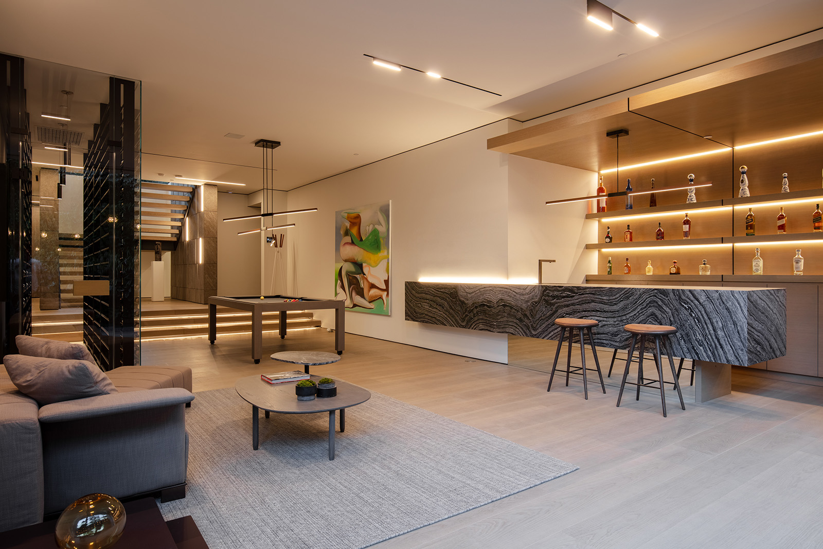 Silver Wave marble featured in modern home living room with pool table