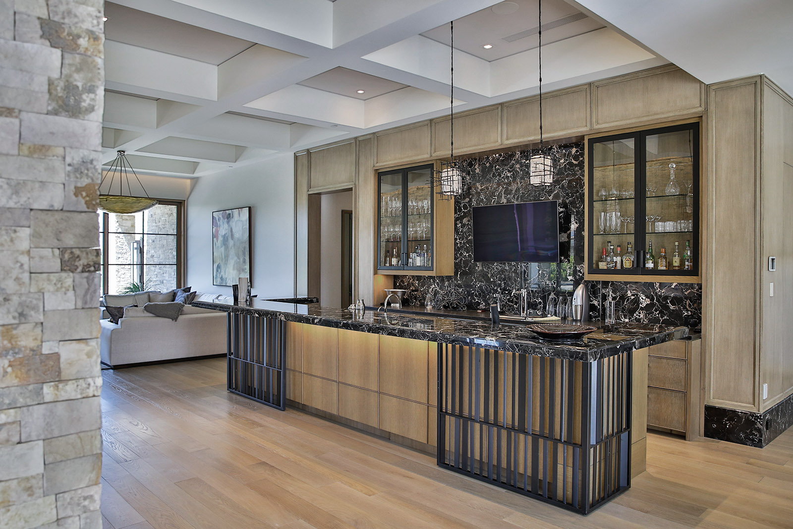 Ice Black marble installed on walls and countertops of modern home