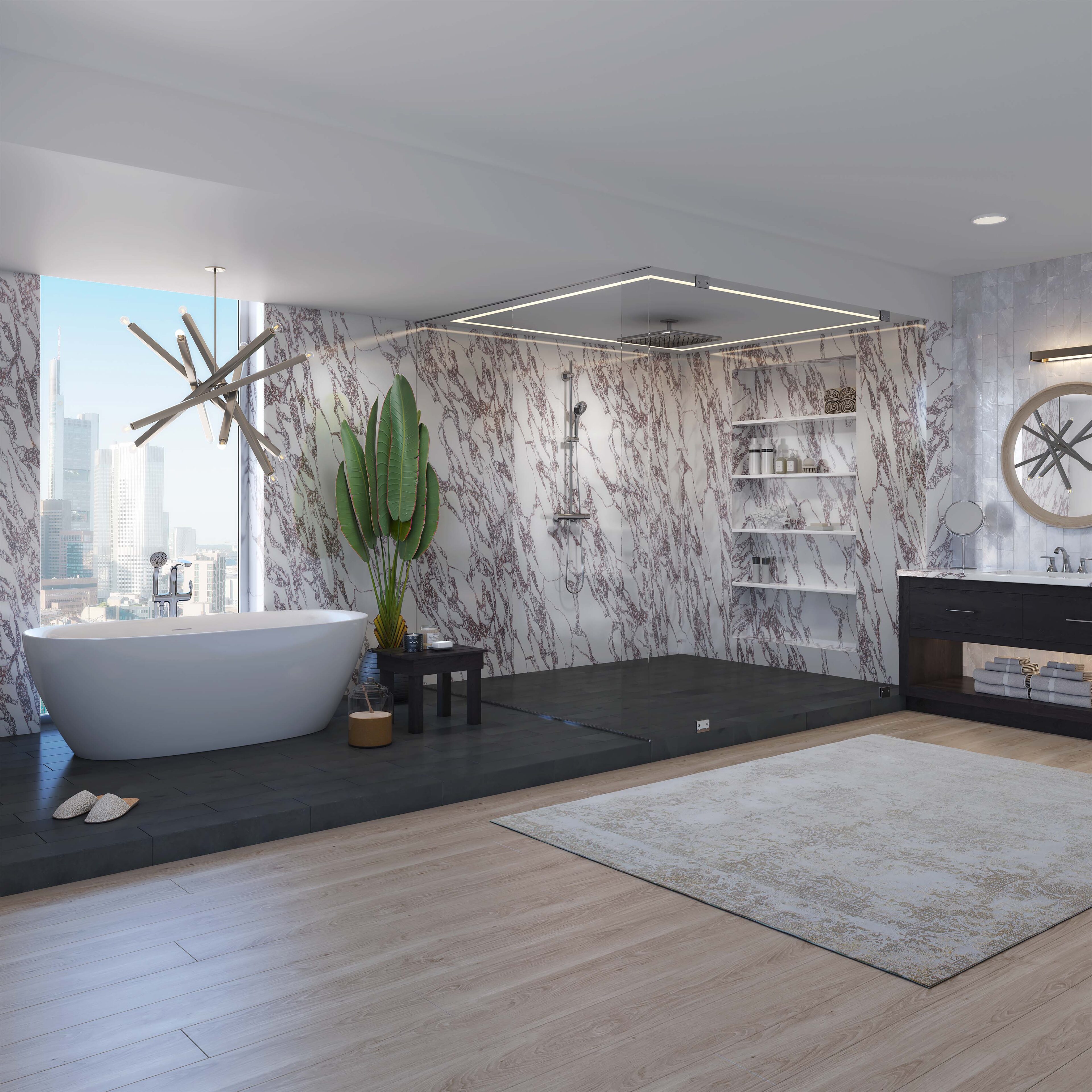 Marmo VIola on walls and countertop in luxury bathroom