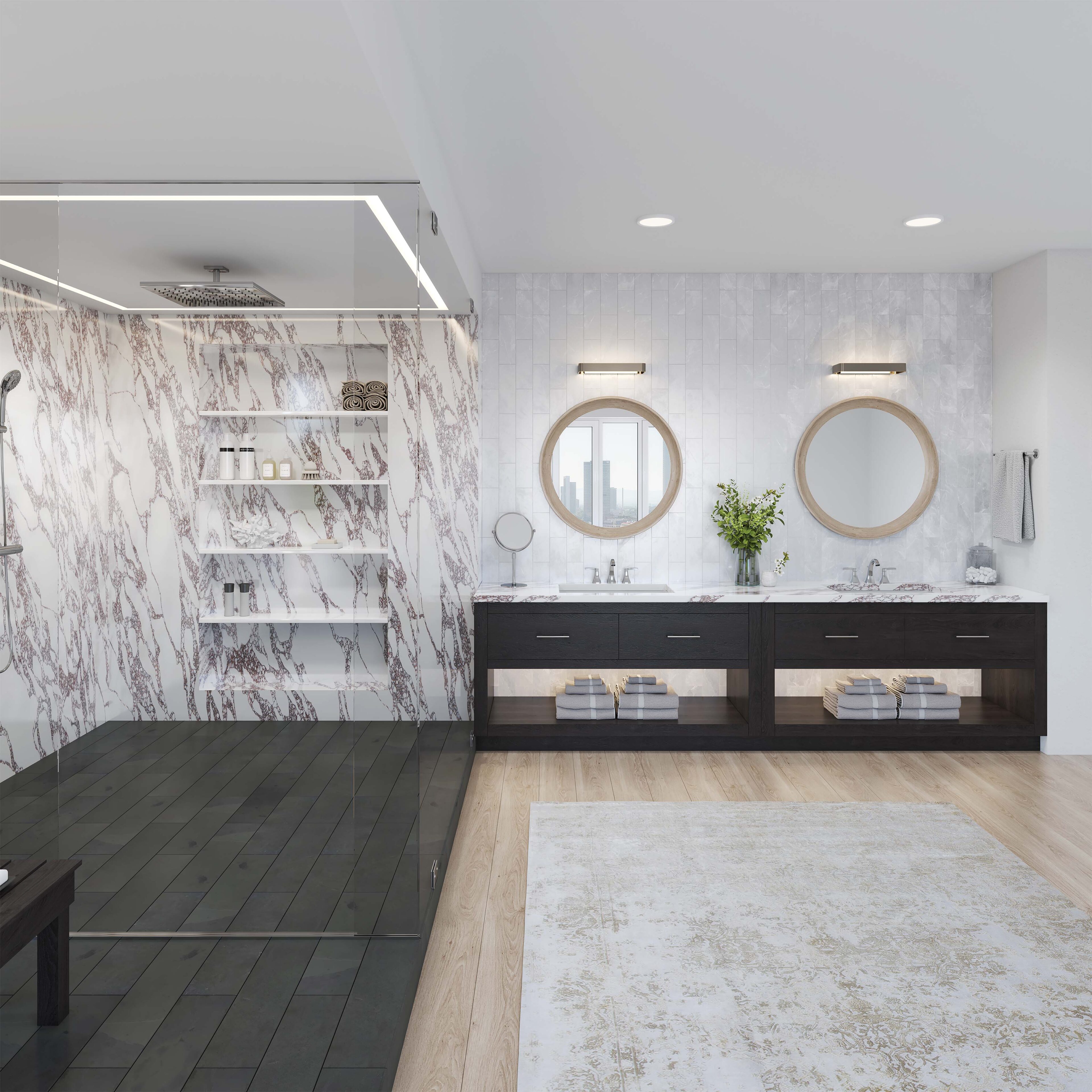 Marmo VIola on walls and countertop in luxury bathroom