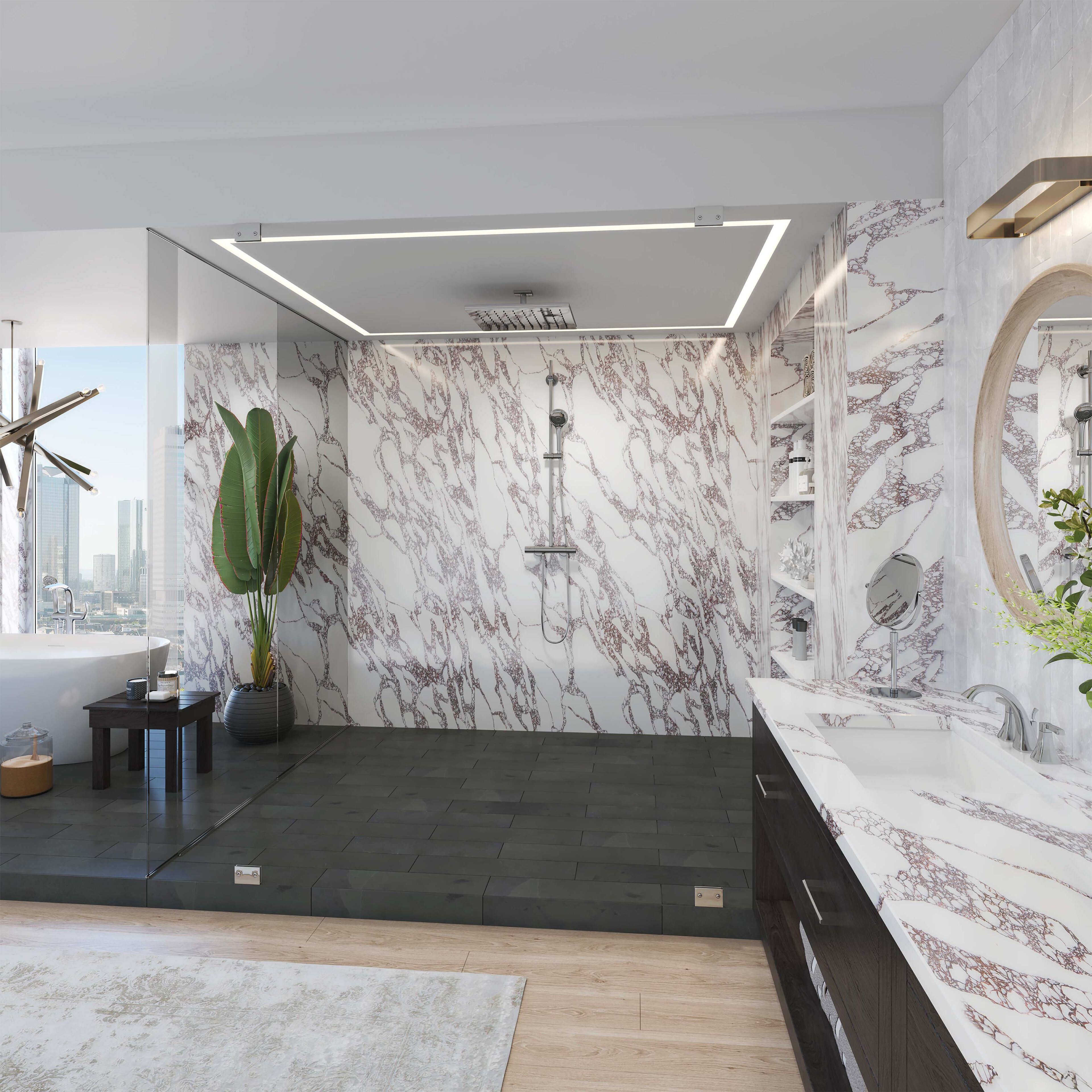 Marmo VIola on walls and countertop in luxury bathroom