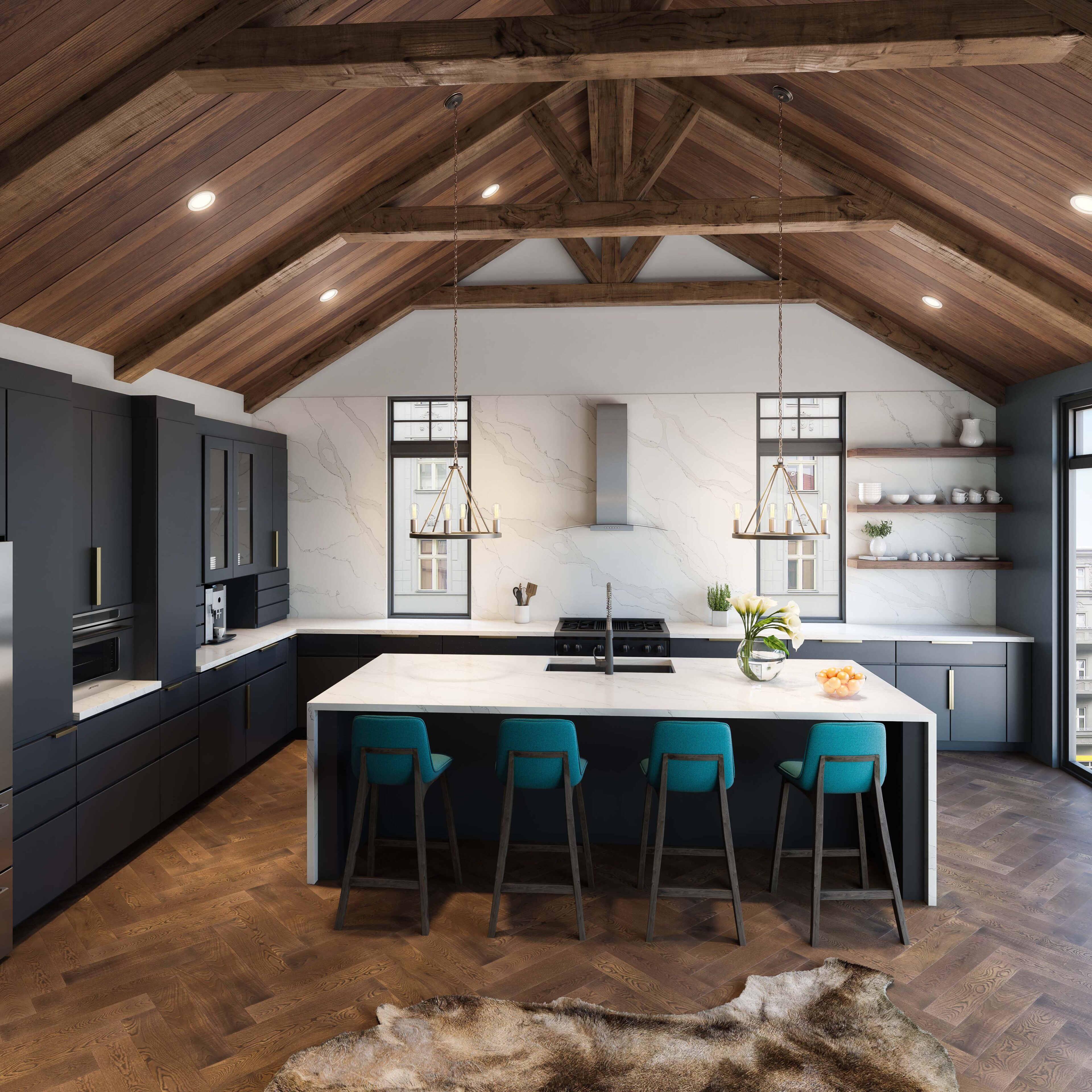 Stella Caldia on countertop and blacksplash in kitchen with wood and black accents