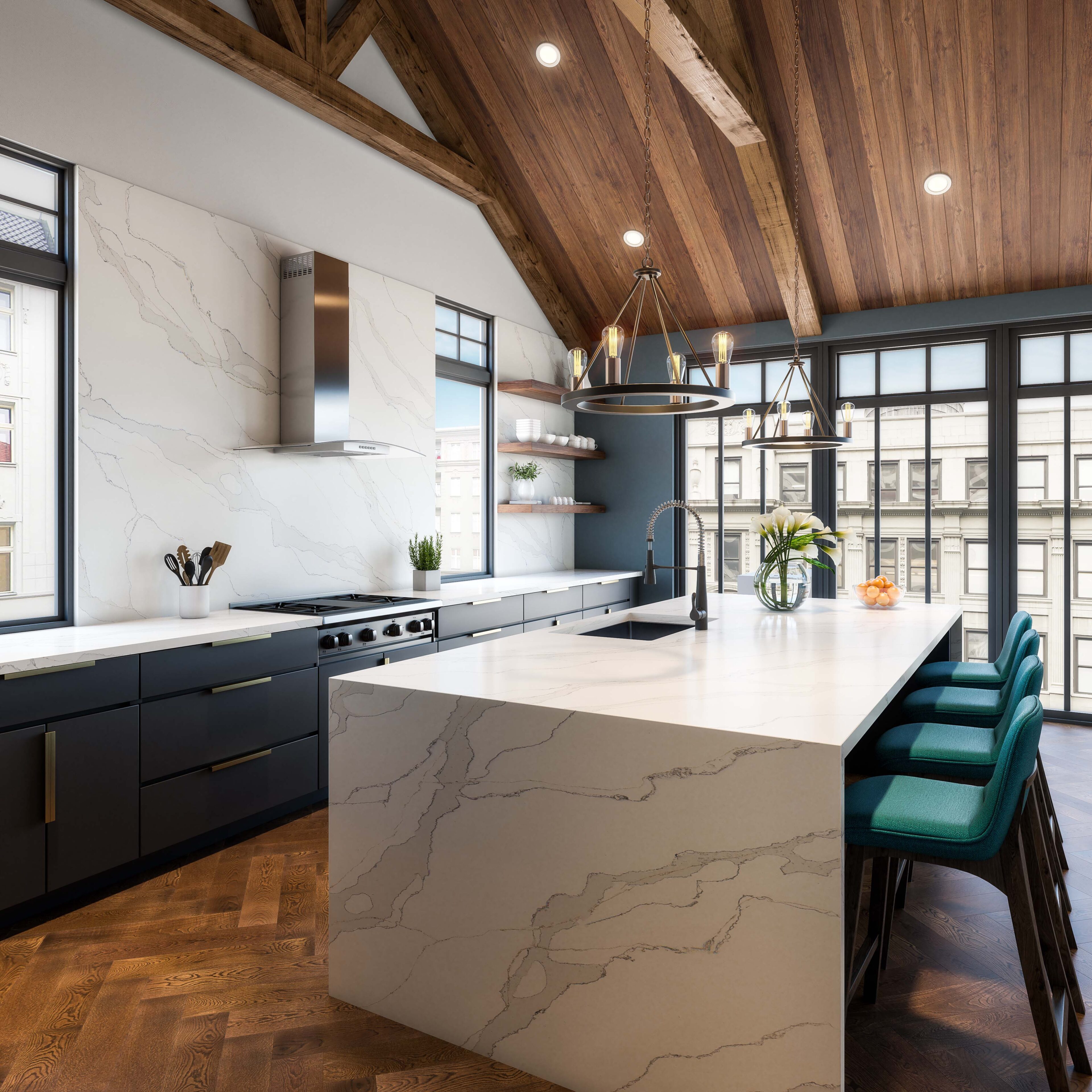 Stella Caldia on countertop and blacksplash in kitchen with wood and black accents
