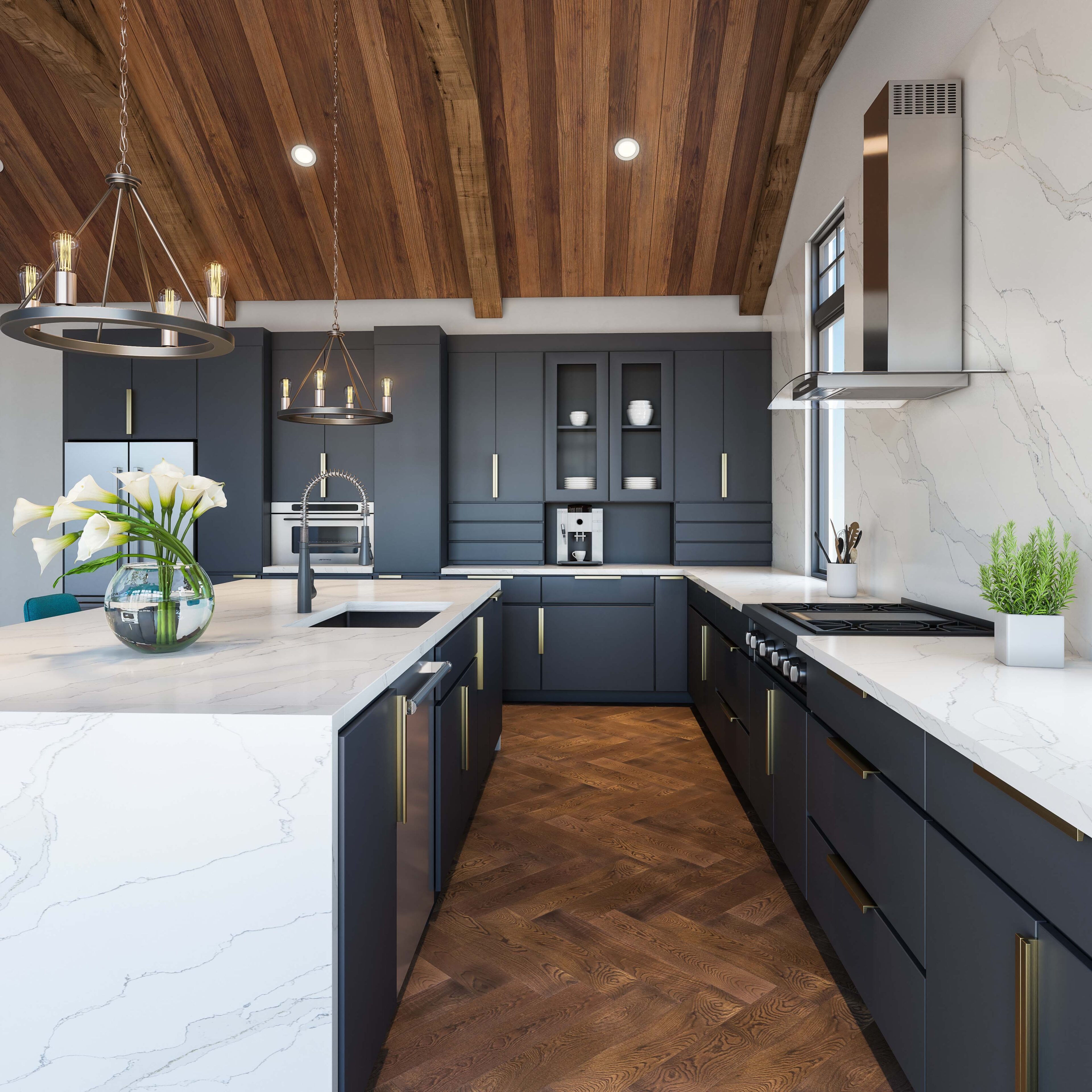 Stella Caldio on countertop and blacksplash in kitchen with wood and black accents