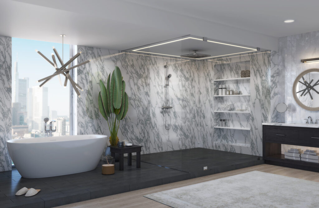 Luxury bathroom with marmo corchia Pentalquartz on shower walls and countertop