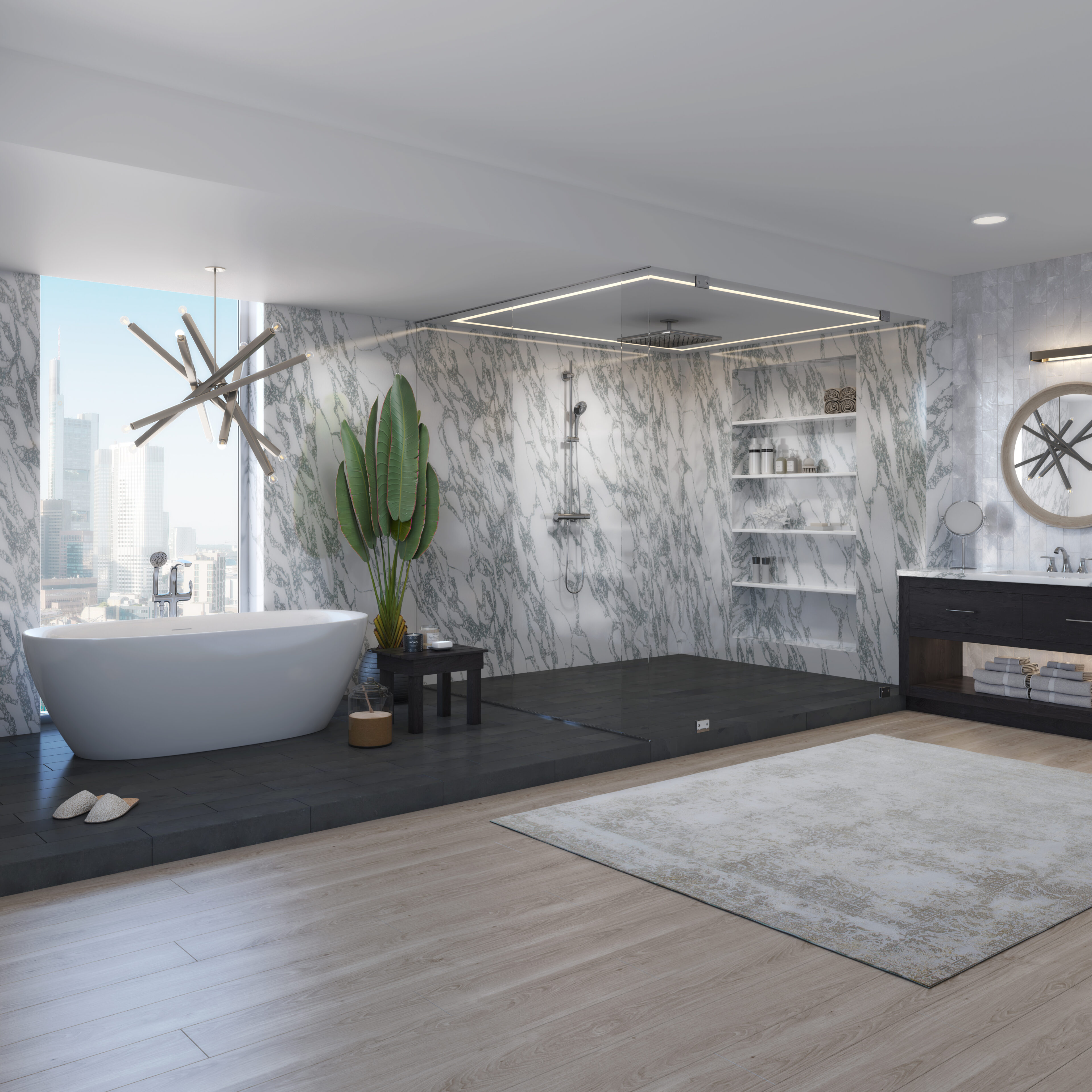 Luxury bathroom with marmo corchia on shower walls and countertop
