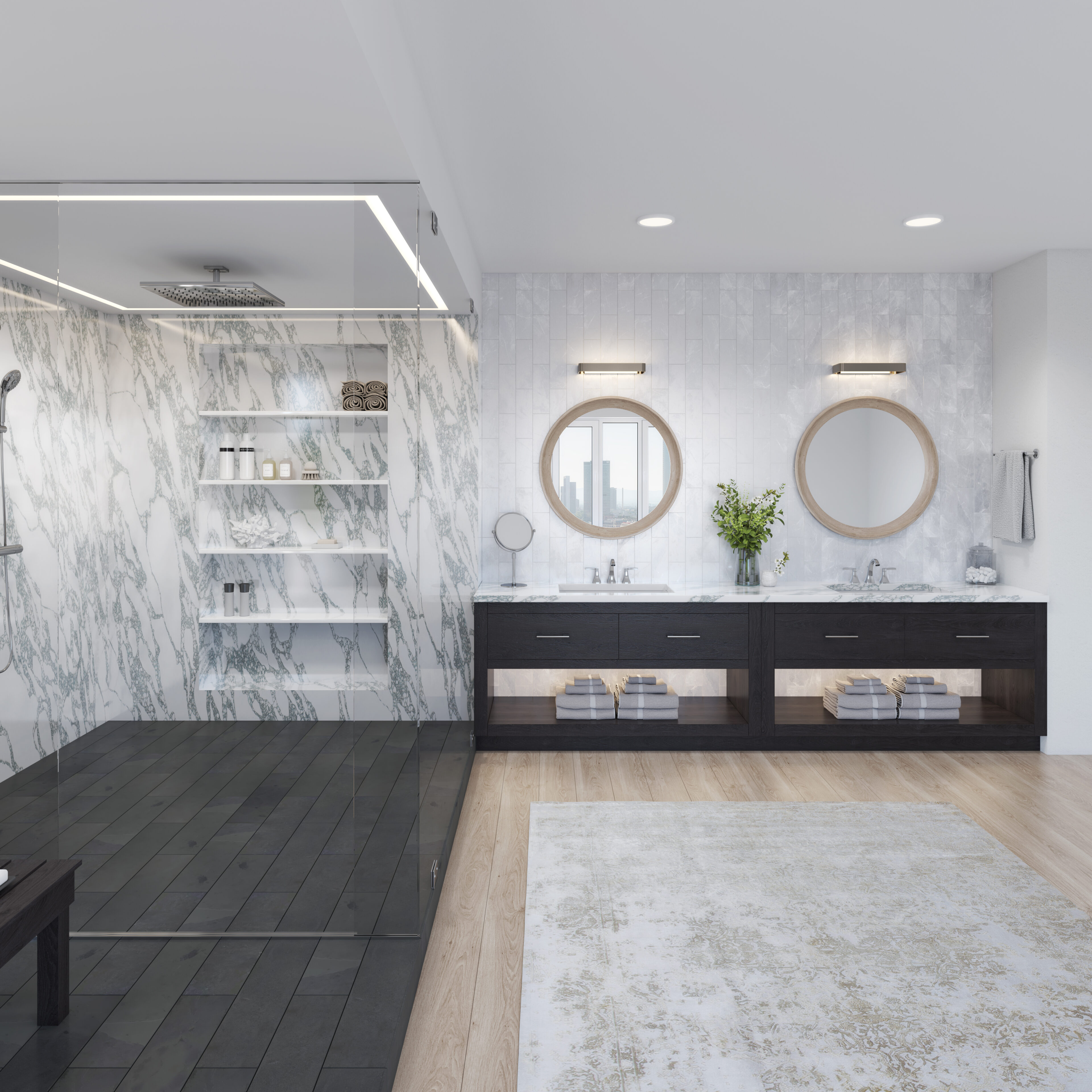 Luxury bathroom with marmo corchia on shower walls and countertop