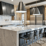 Quartzite countertop on the large island in a contemporary kitchen.