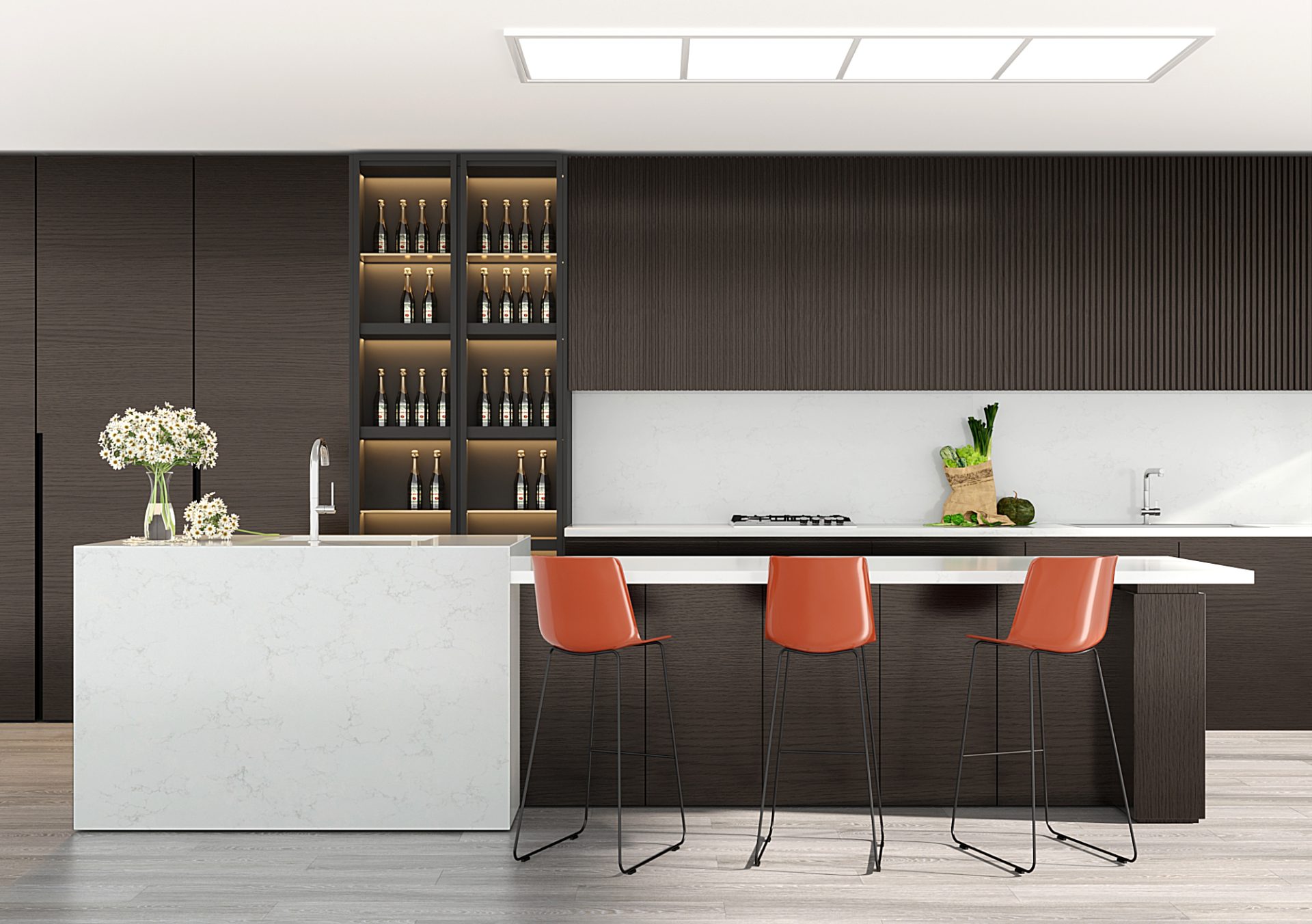 PentalQuartz Aura on island and blacksplash in black and orange kitchen