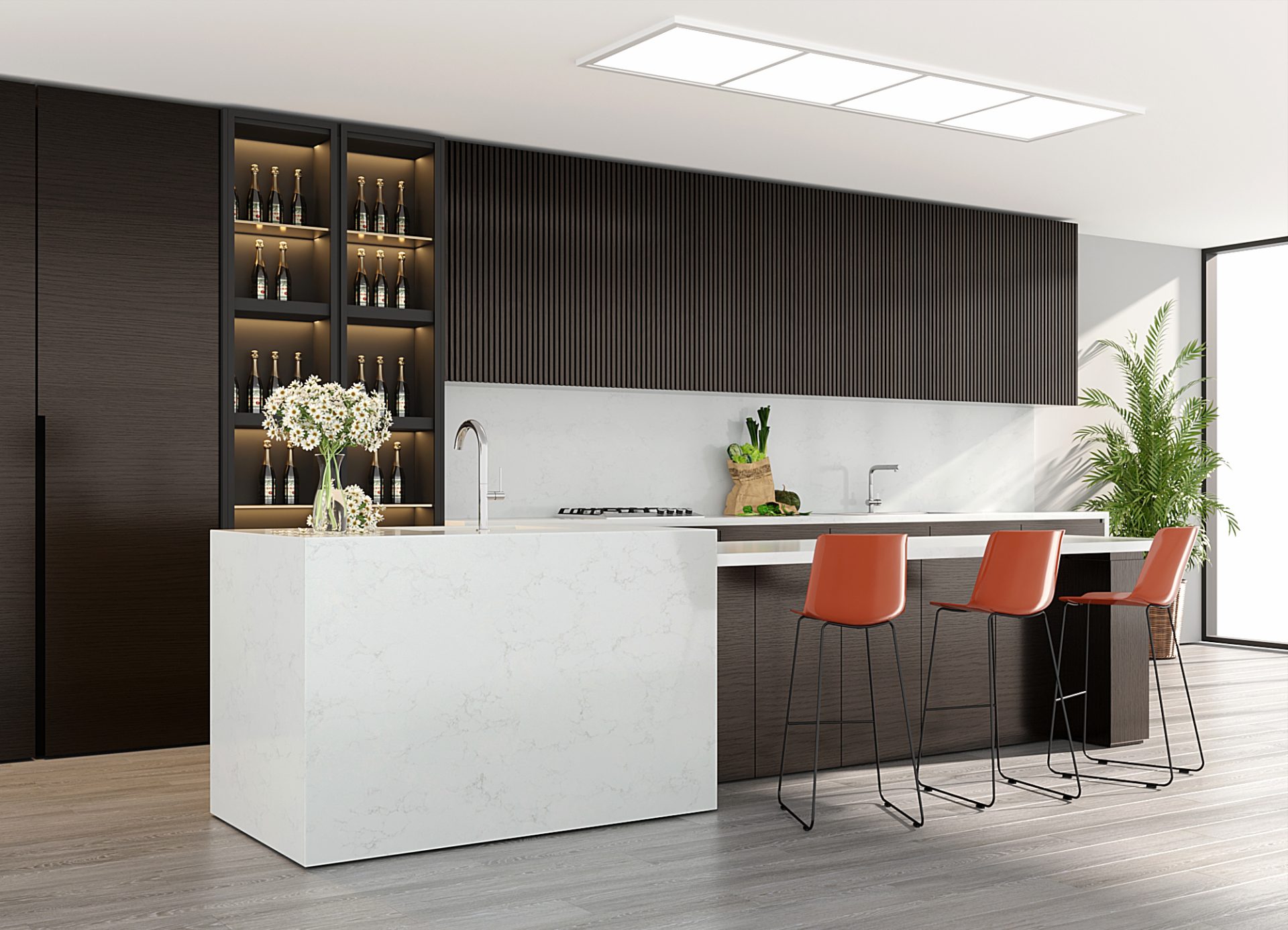 PentalQuartz Aura on island and blacksplash in black and orange kitchen