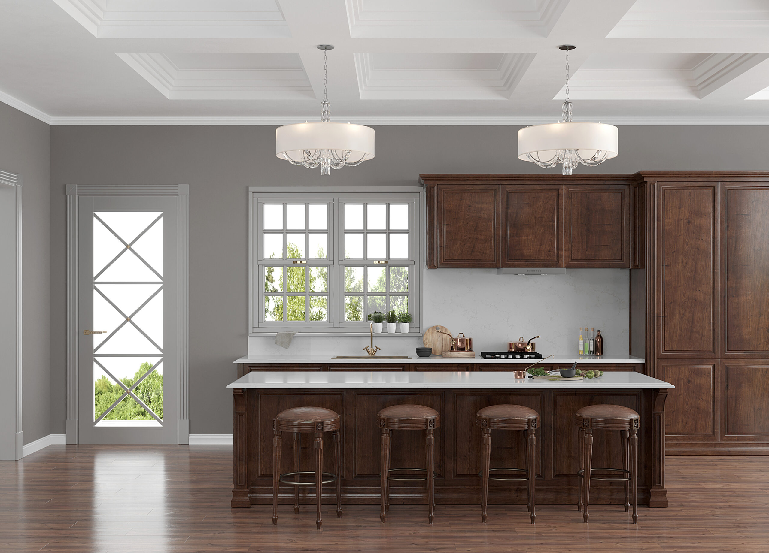 Aura gold in traditional luxury kitchen with wood accents.