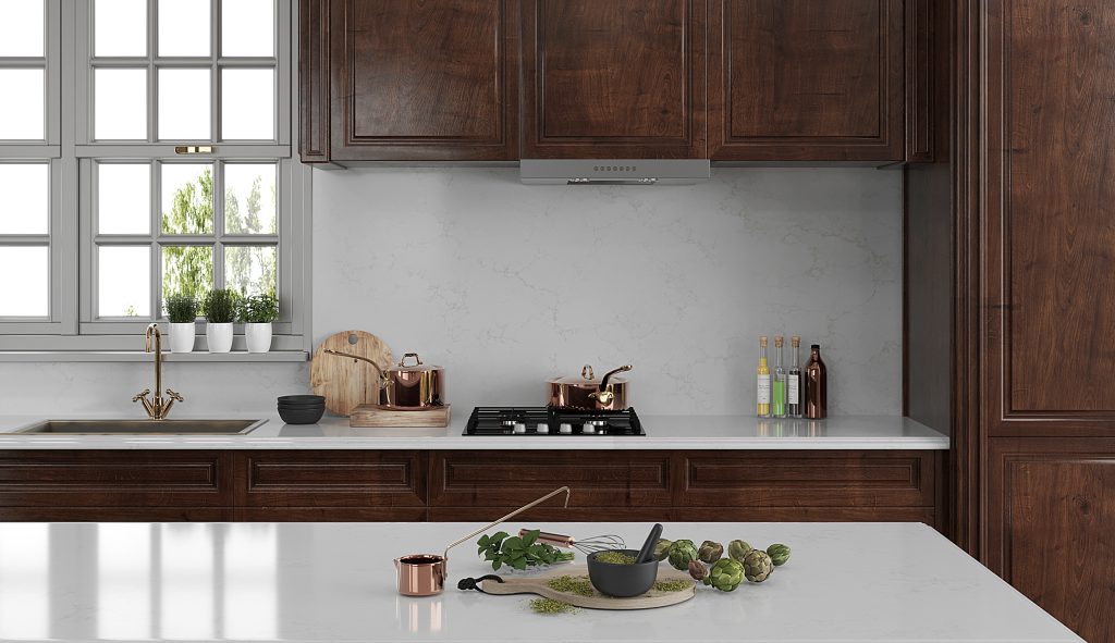 Pentalquartz Aura gold in traditional luxury kitchen with wood accents.
