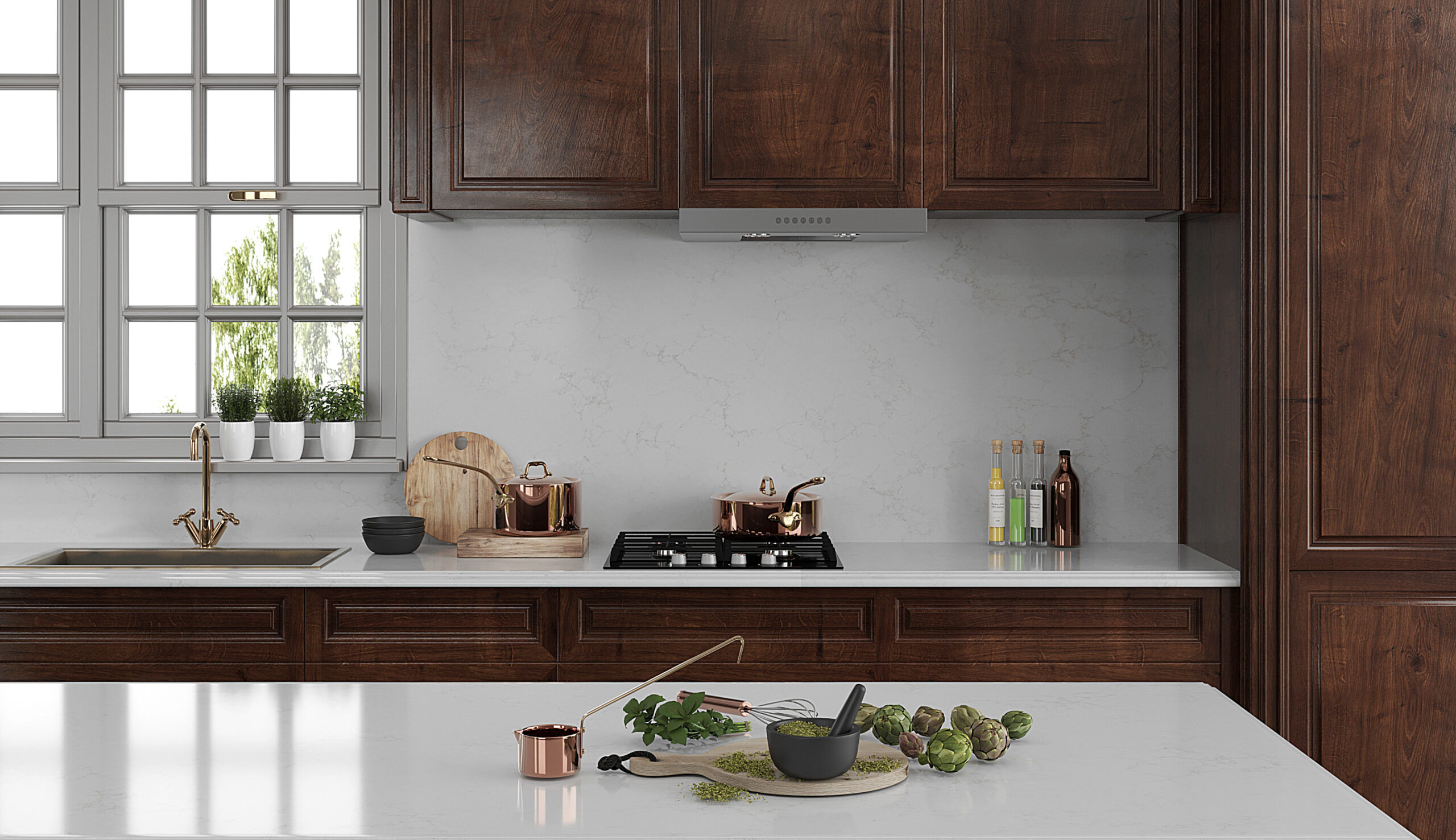 Aura gold in traditional luxury kitchen with wood accents.