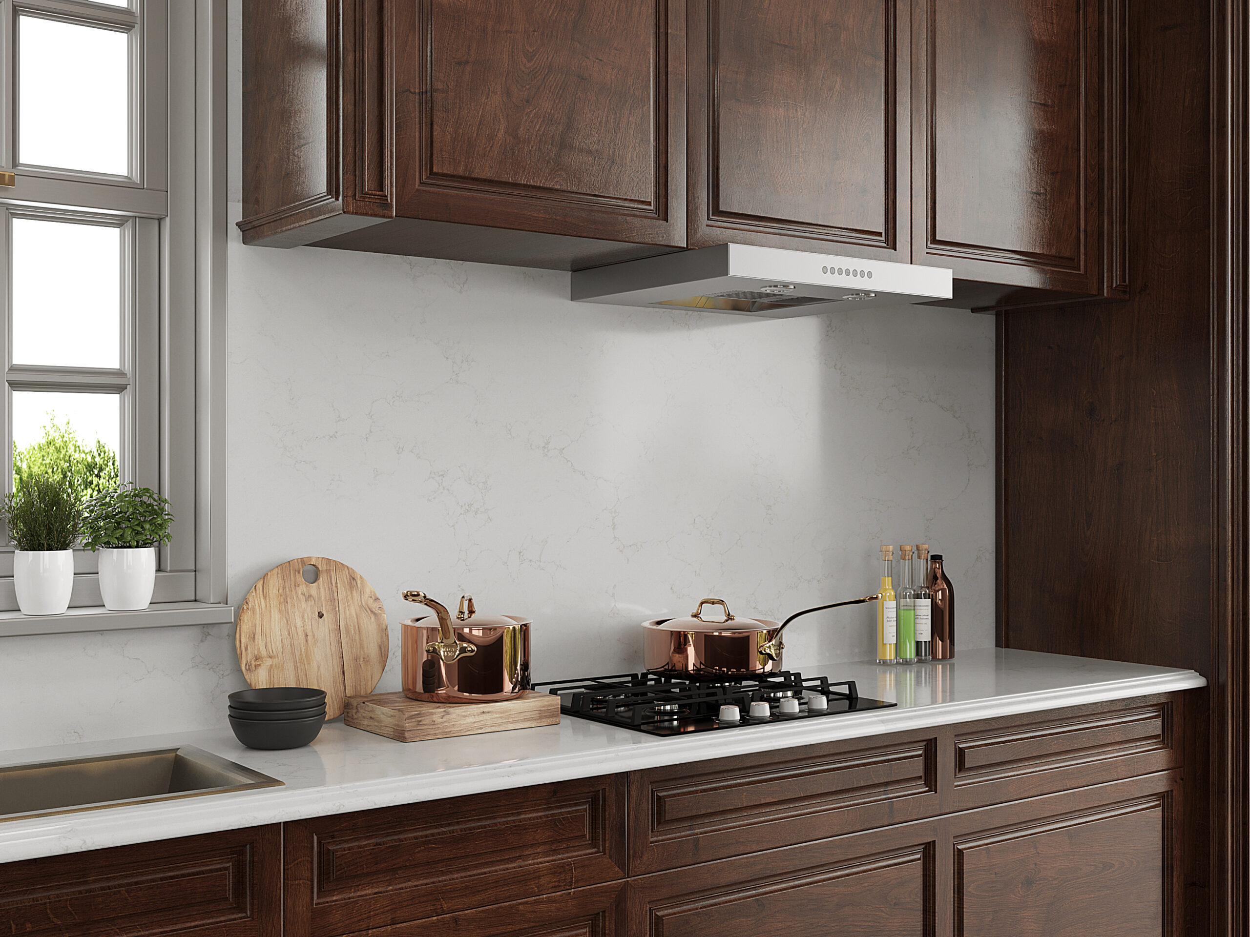 Aura gold in traditional luxury kitchen with wood accents.