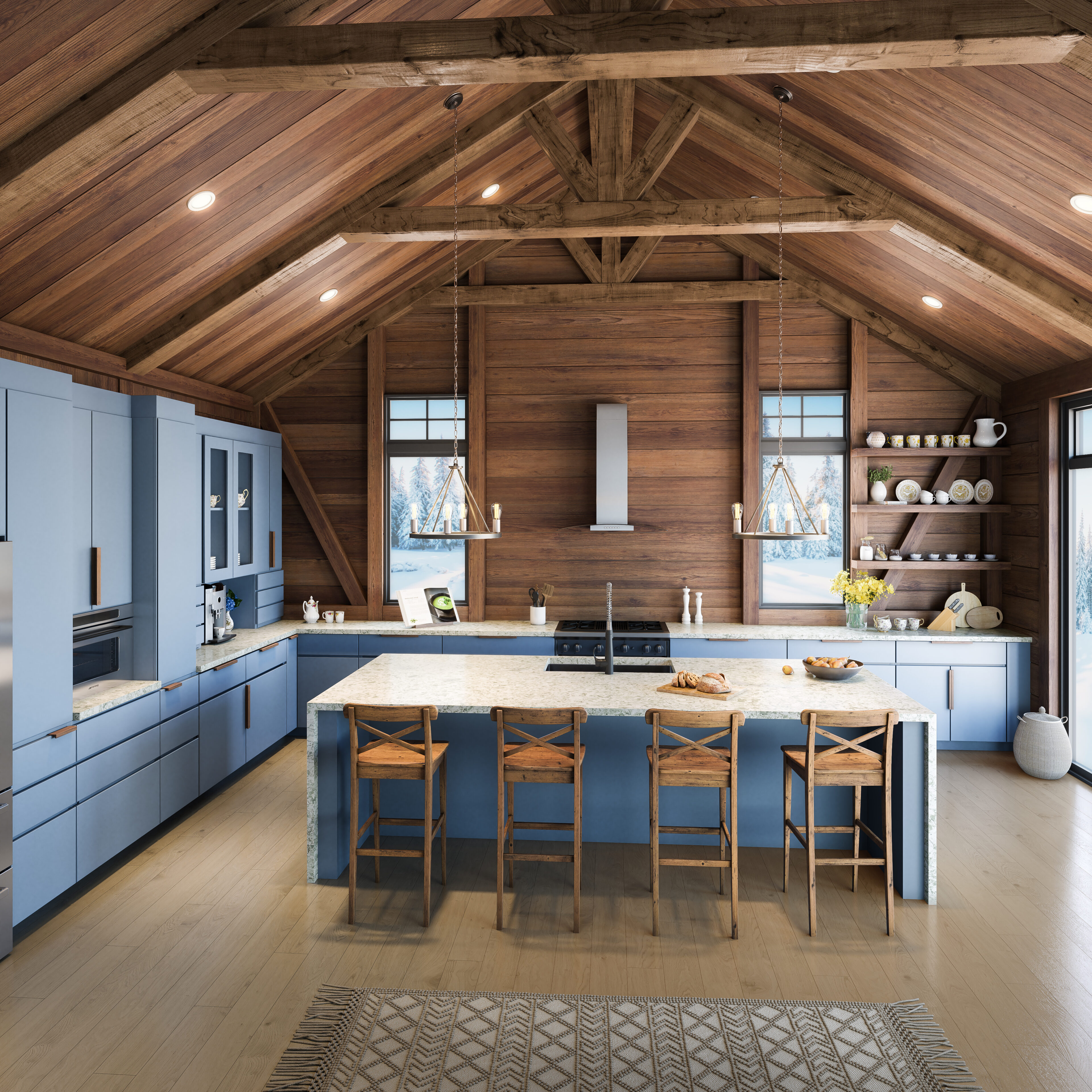 Metroquartz Celadon installed on island and counterops in luxury cabin. Snow covered trees in background. Blue cabinets and wood panelling.