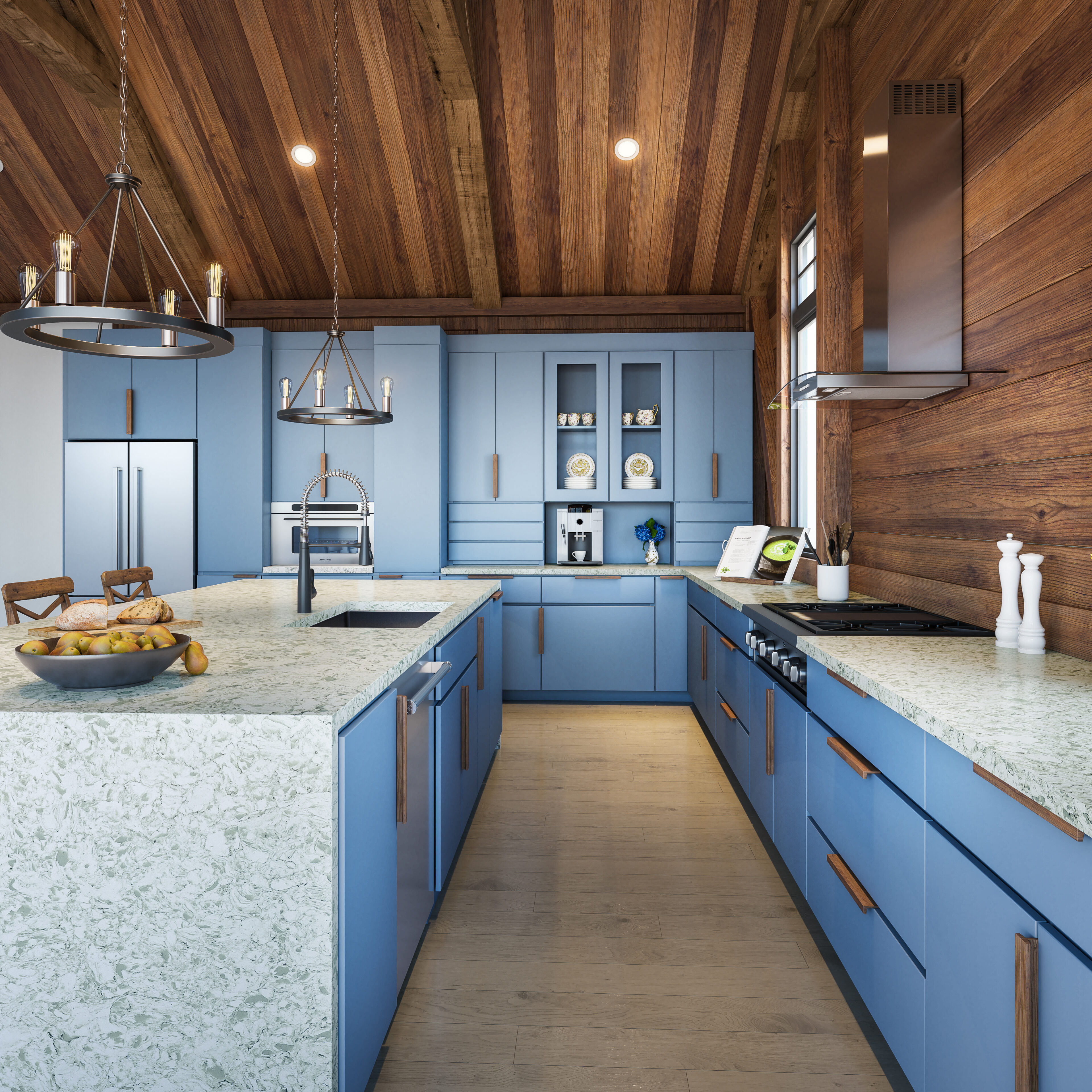 Metroquartz Celadon installed on island and counterops in luxury cabin. Snow covered trees in background. Blue cabinets and wood panelling.