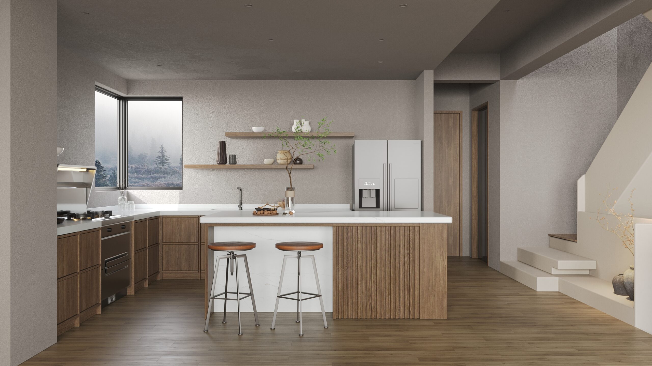 Elara in modern kitchen with wood accents