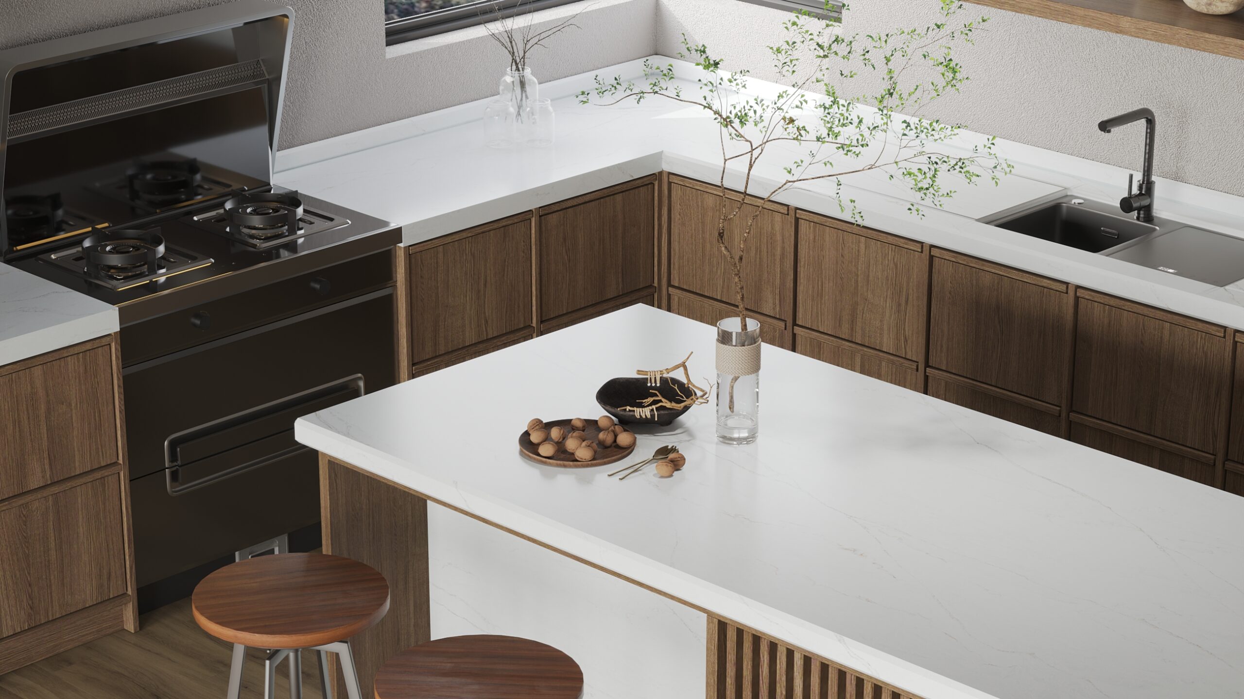 Elara in modern kitchen with wood accents