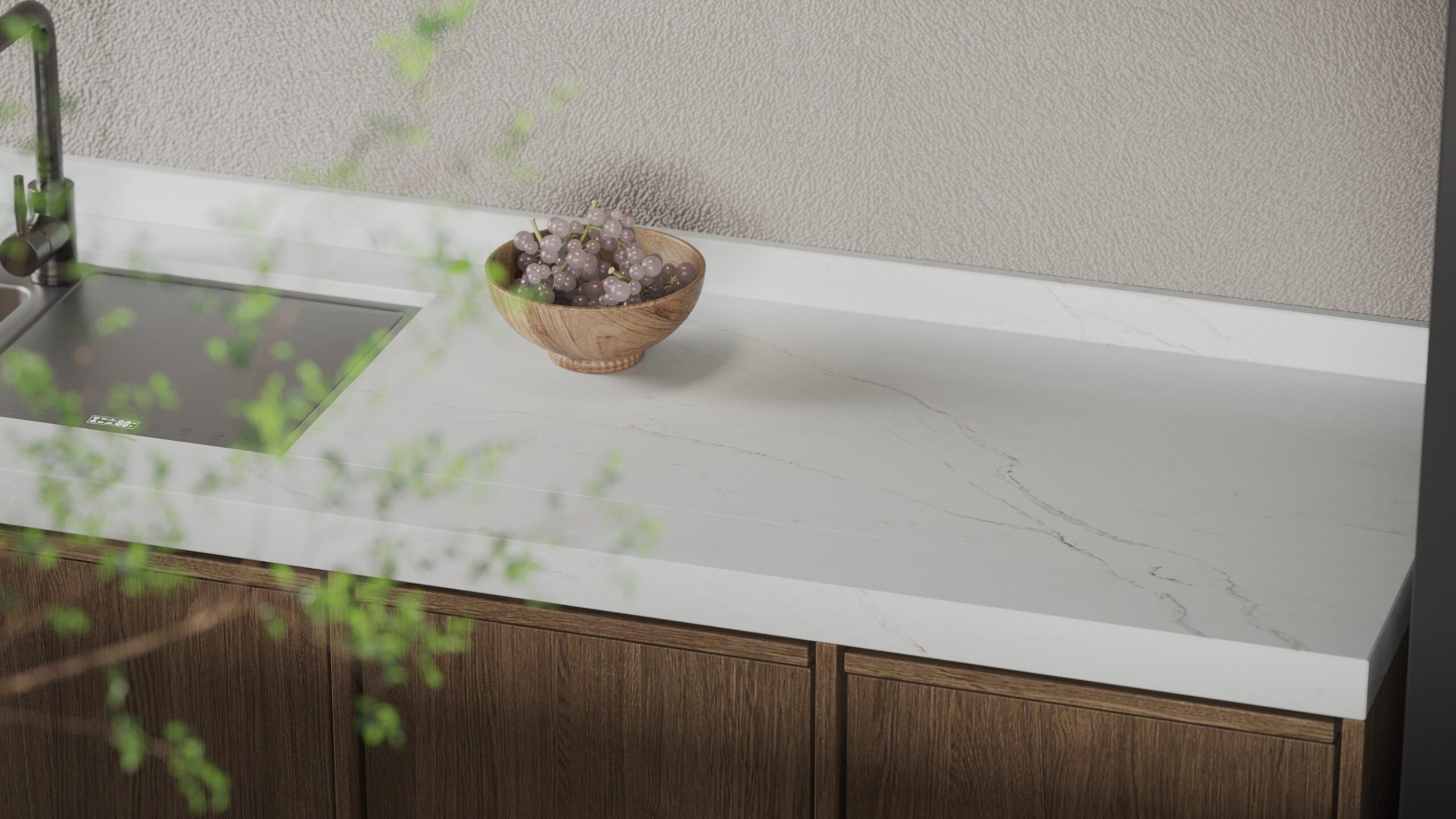 Elara in modern kitchen with wood accents