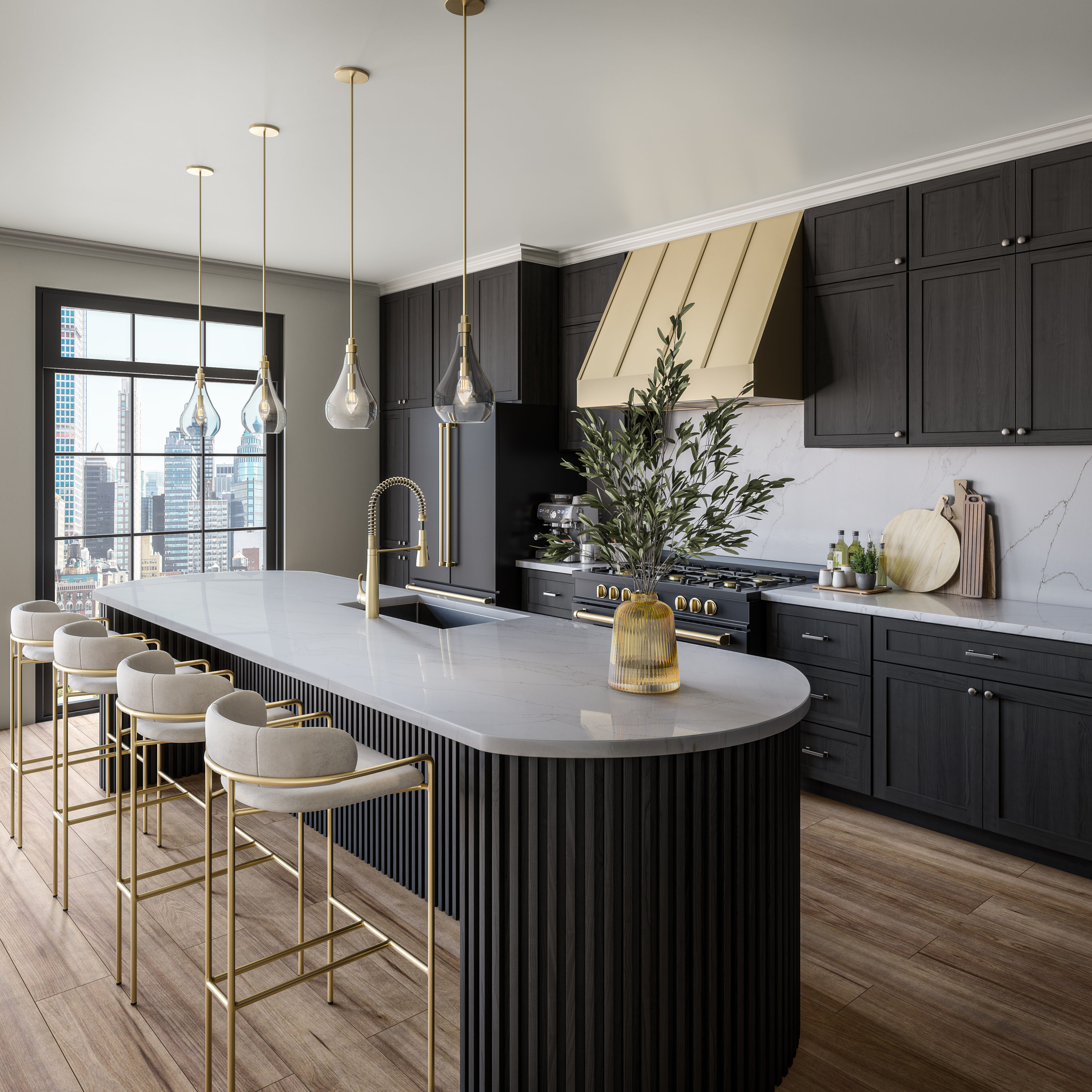 Sono Mira on island, backsplash and countertops of luxurious black and gold kitchen.