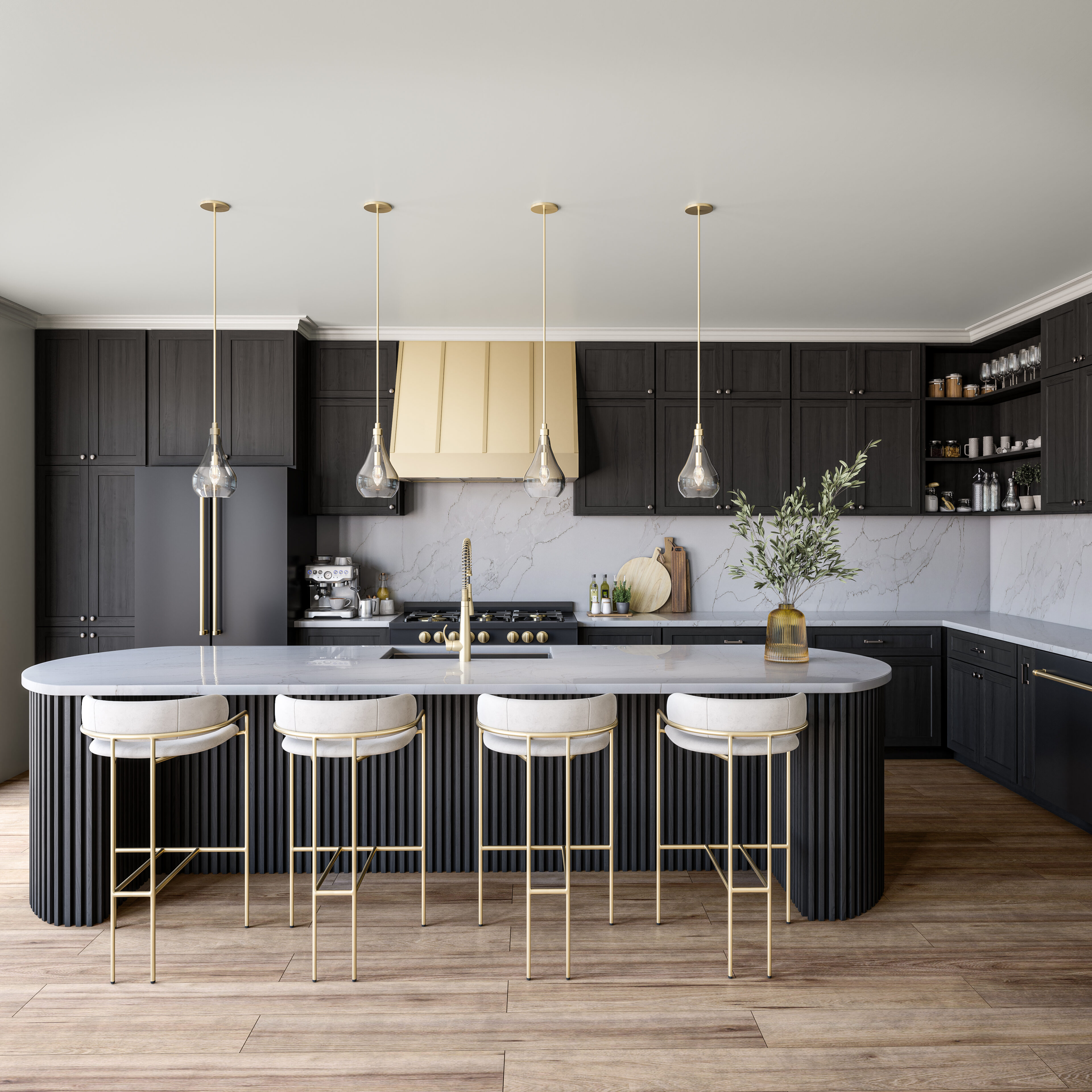 Sono Mira on island, backsplash and countertops of luxurious black and gold kitchen.