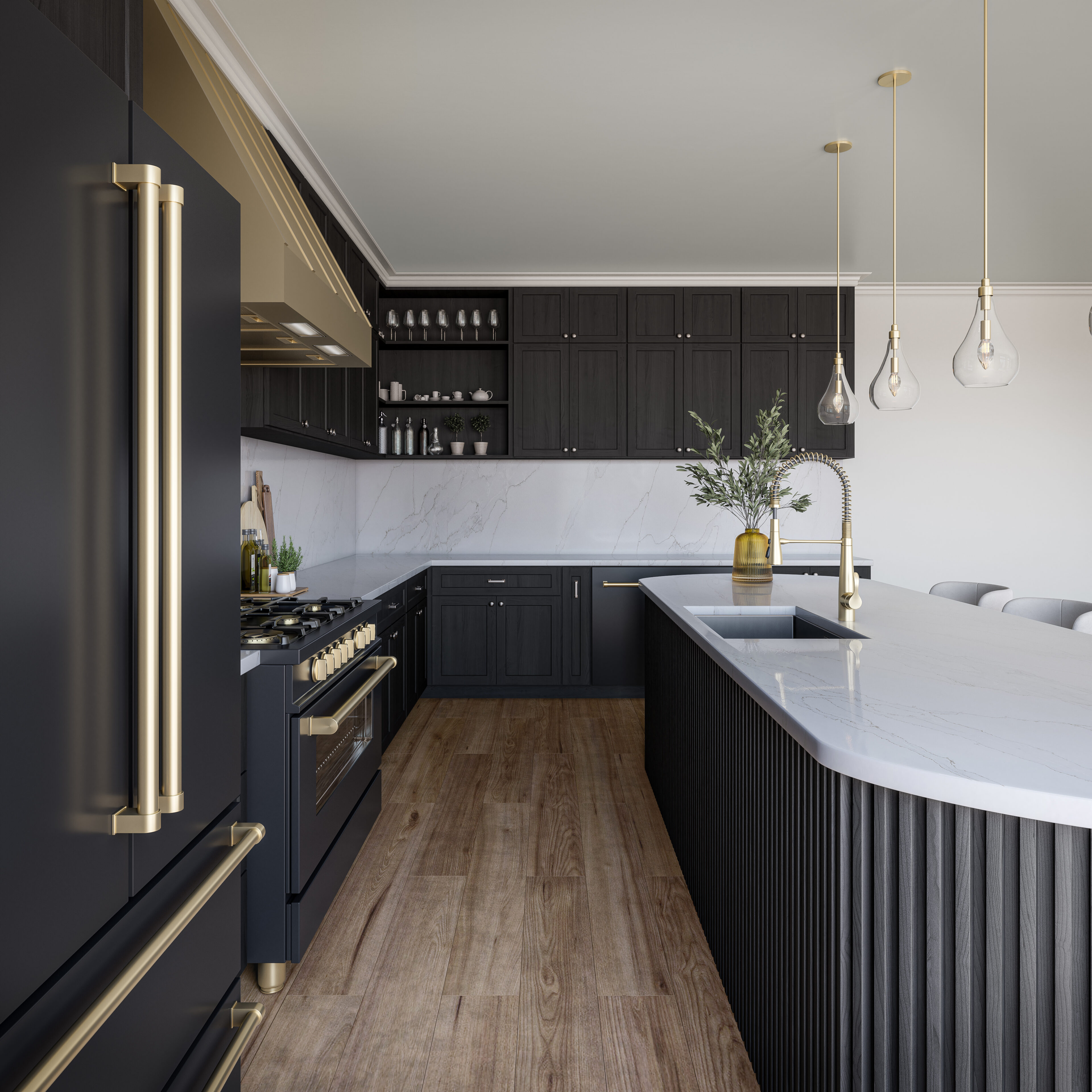 Sono Mira on island, backsplash and countertops of luxurious black and gold kitchen.