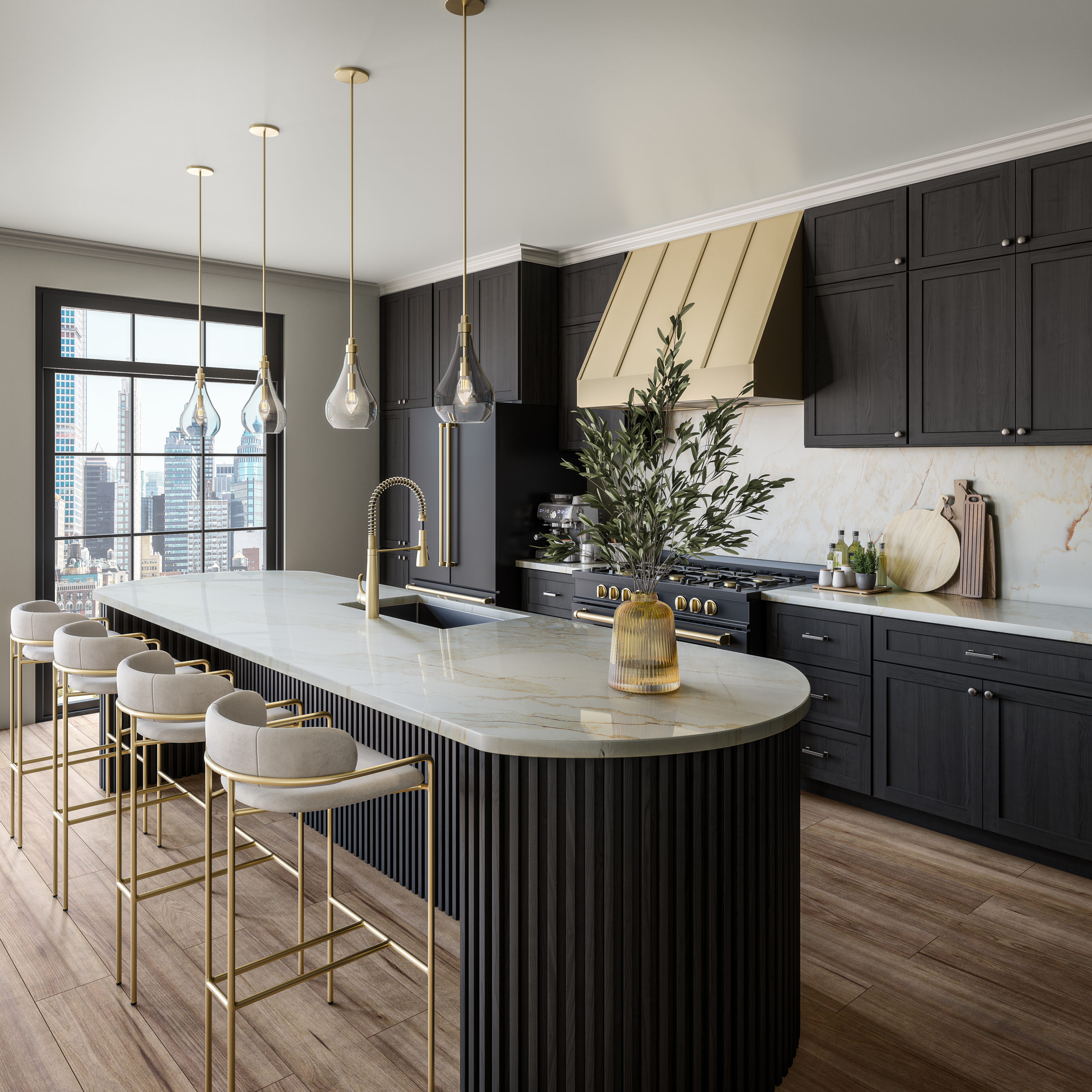 Sono Soleil on island, backsplash and countertops of luxurious black and gold kitchen.