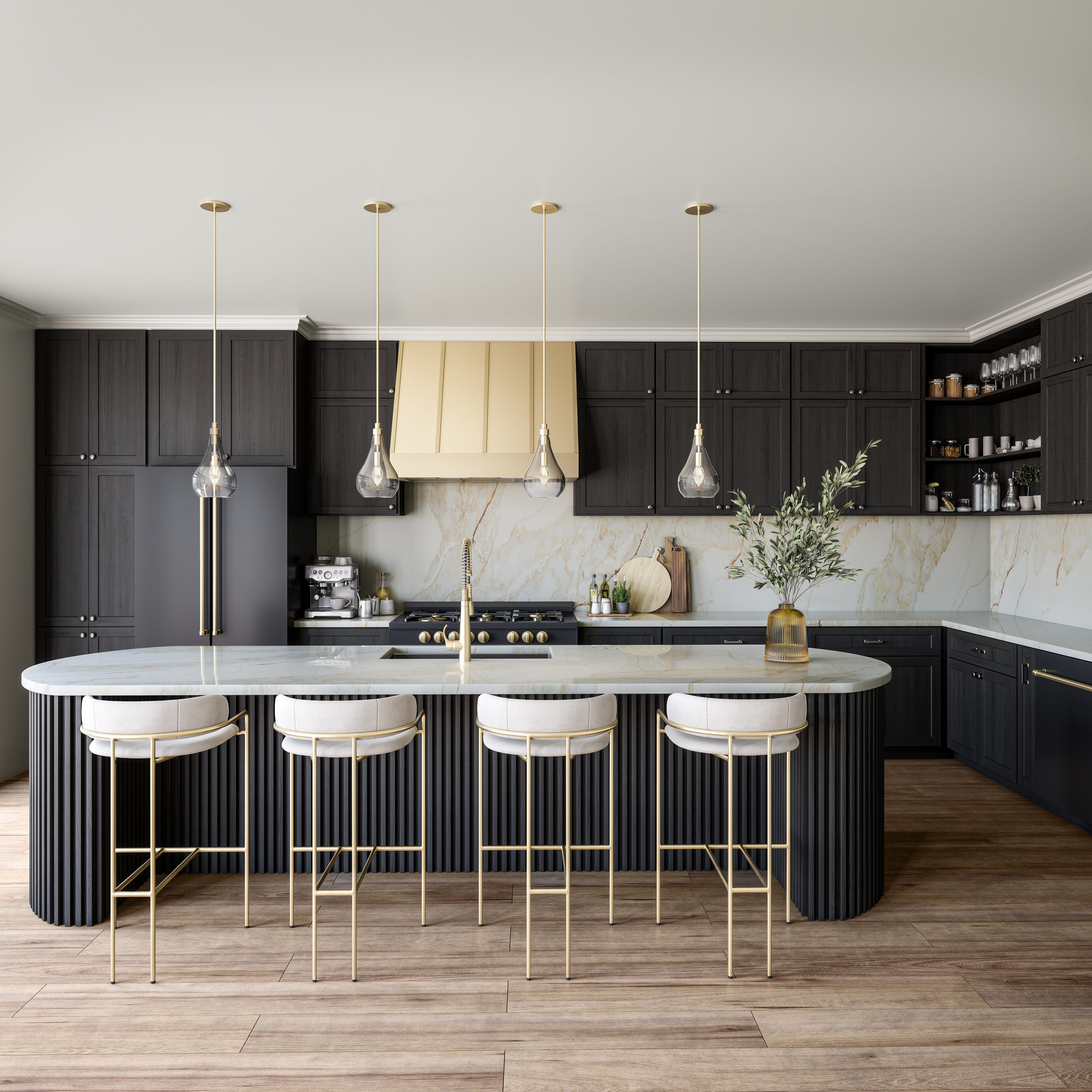 Sono Soleil on island, backsplash and countertops of luxurious black and gold kitchen.