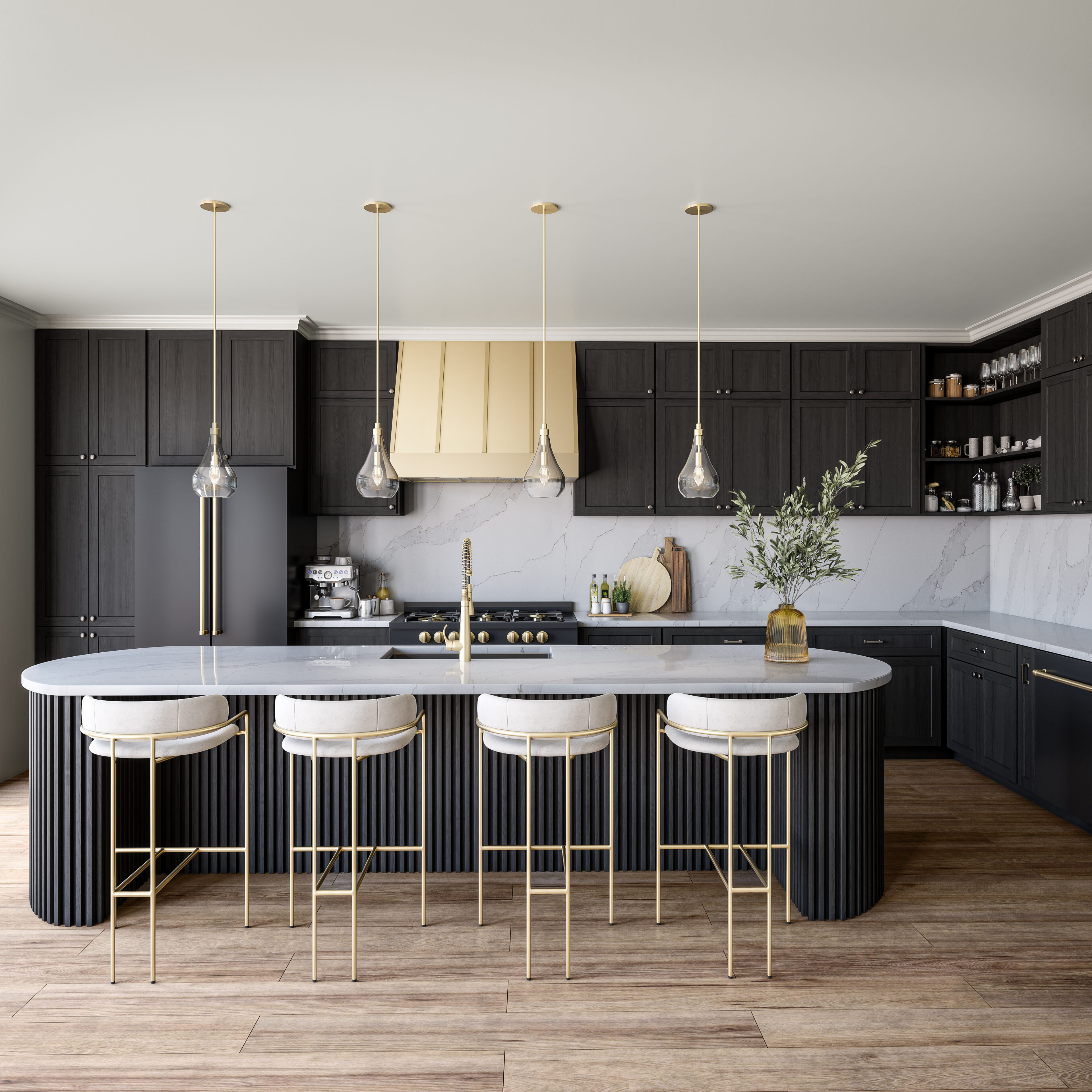 Sono Reale on island, backsplash and countertops of luxurious black and gold kitchen.