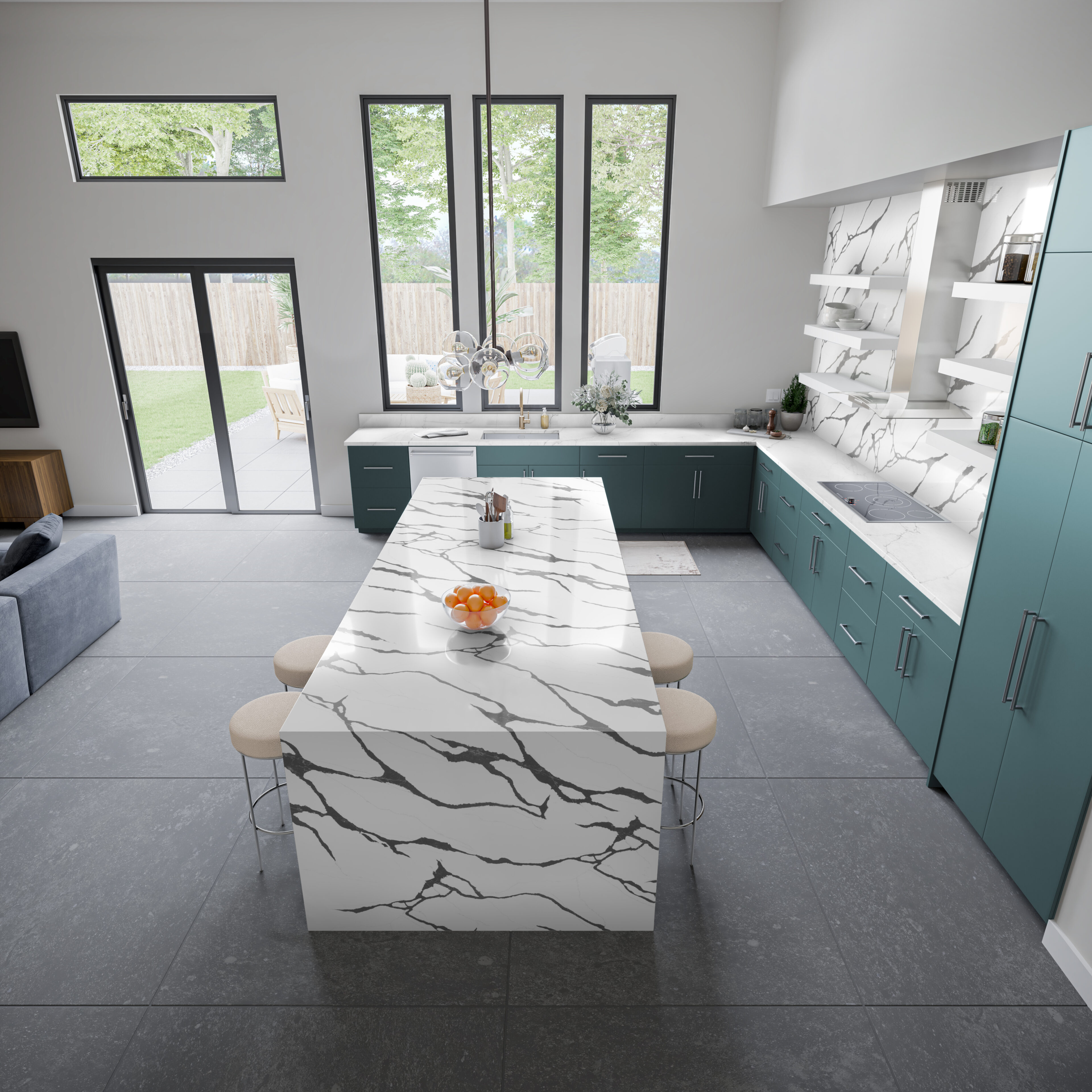 Green and white modern kitchen with stella black on island and backplash, luce cascade on counterops