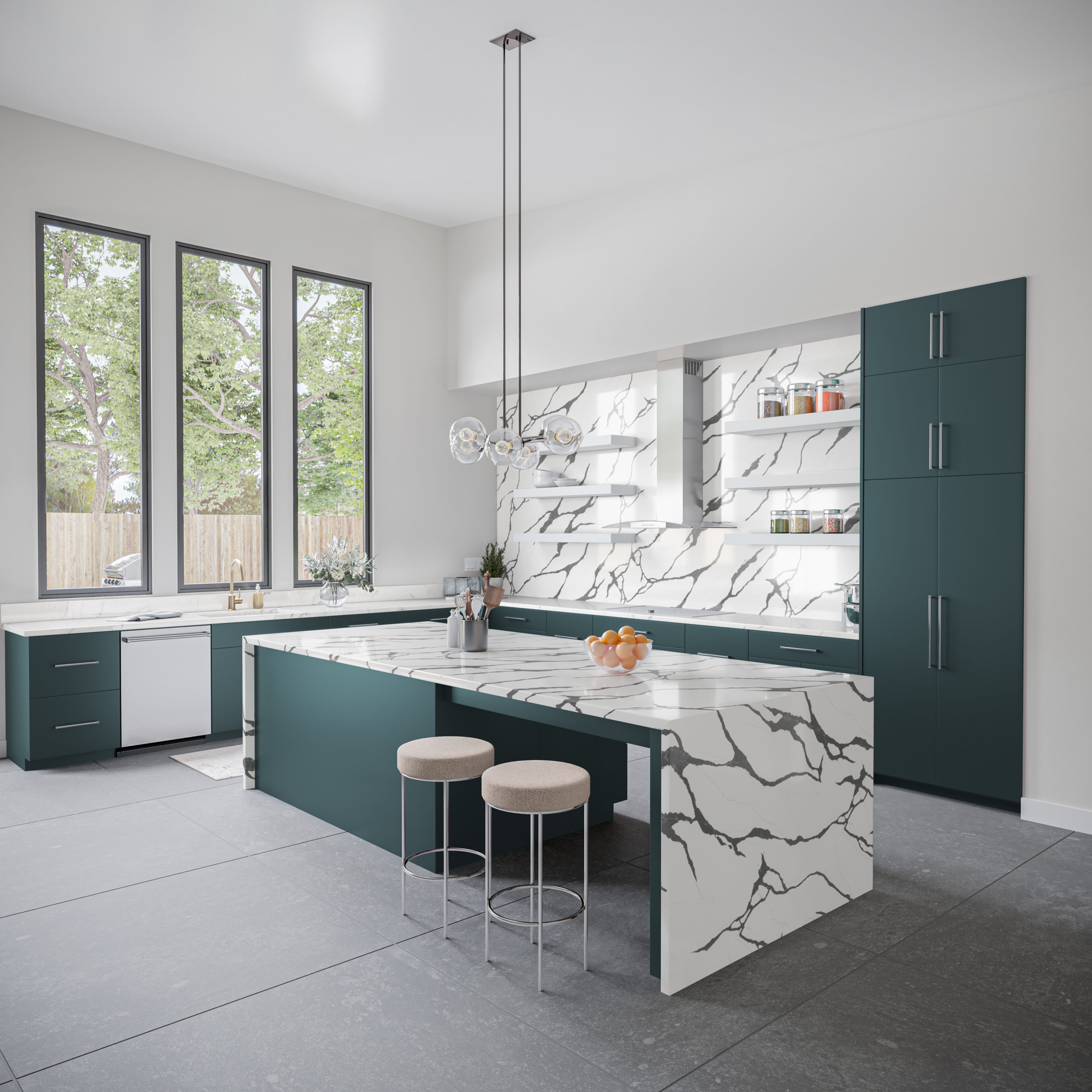 Green and white modern kitchen with stella black on island and backplash, luce cascade on counterops