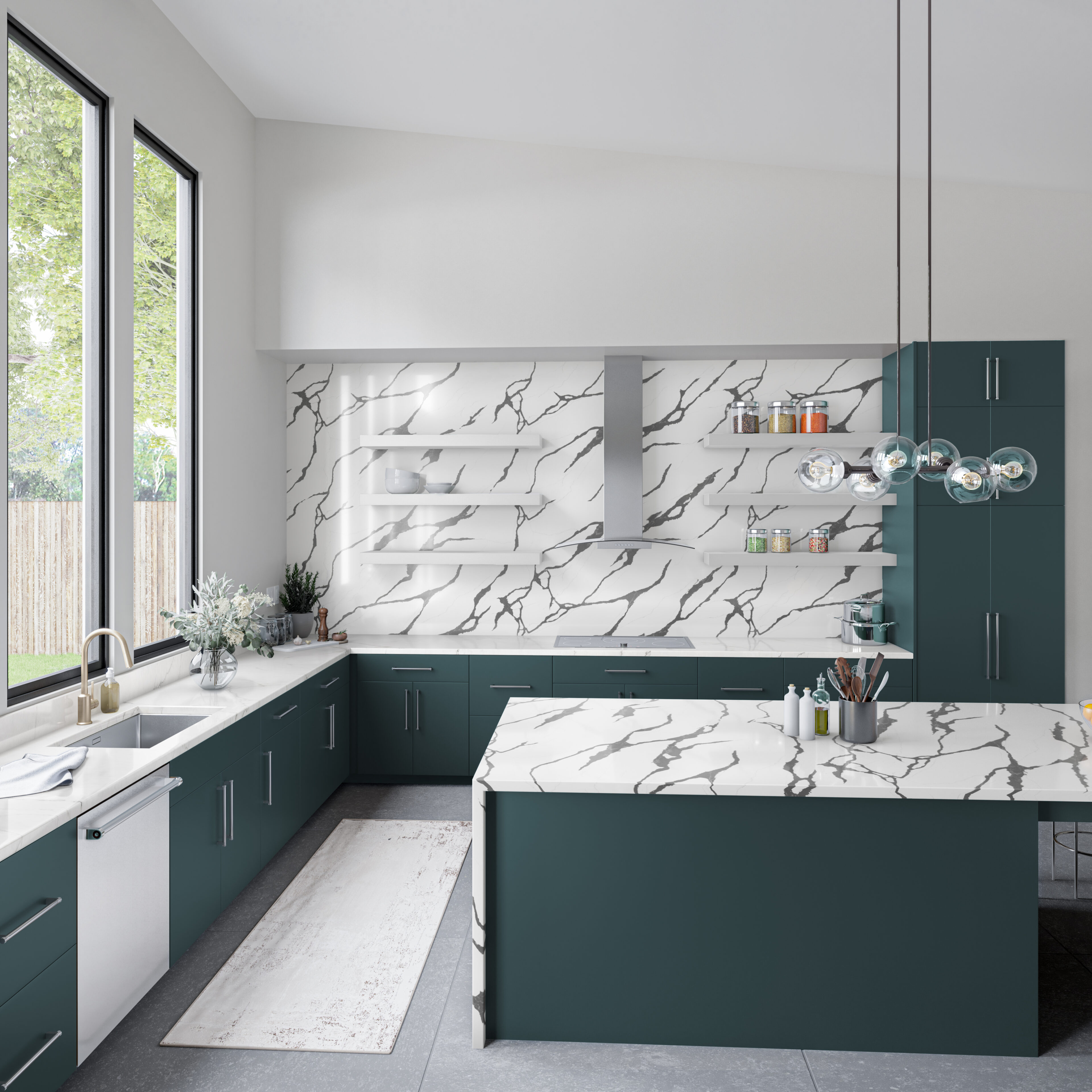 Green and white modern kitchen with stella black on island and backplash, luce cascade on counterops