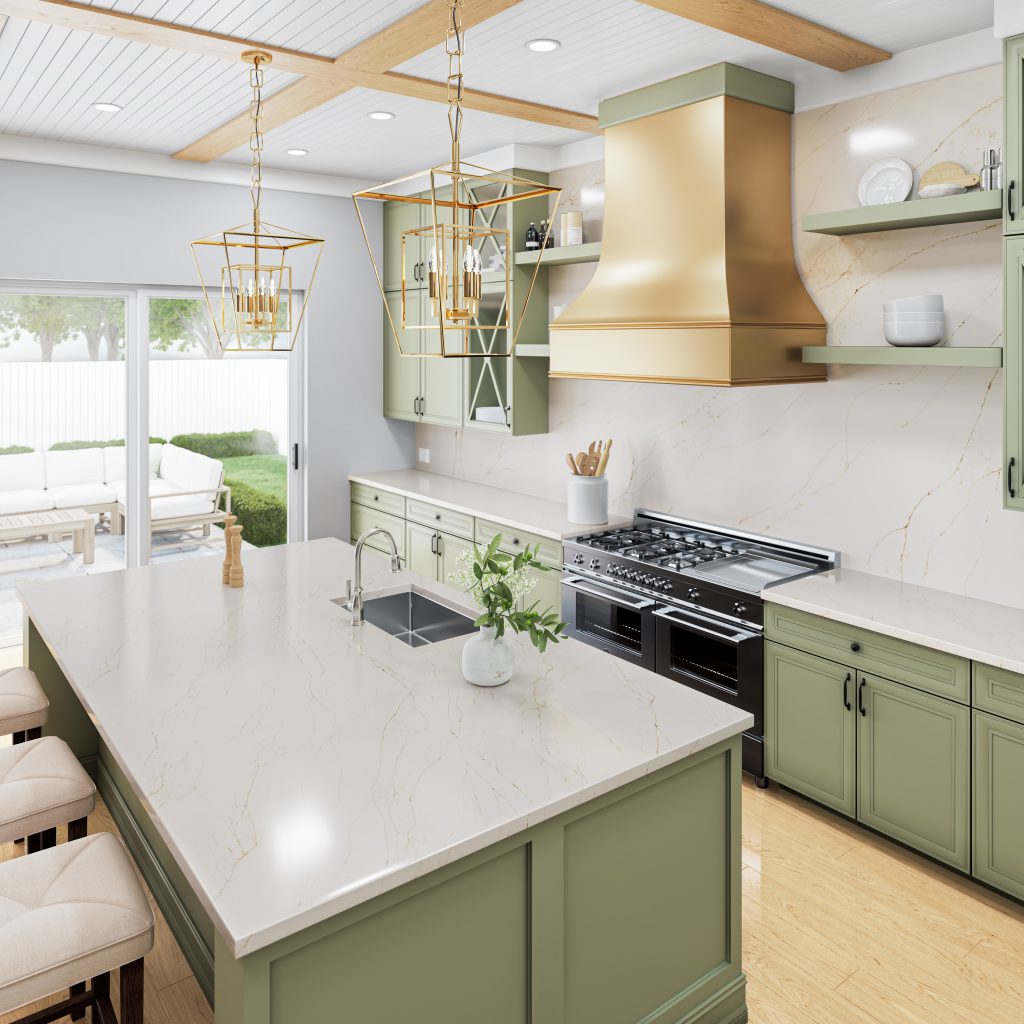 Tramonto Pentalquartz installed in traditional kitchen with sage green cabinets and gold accents.