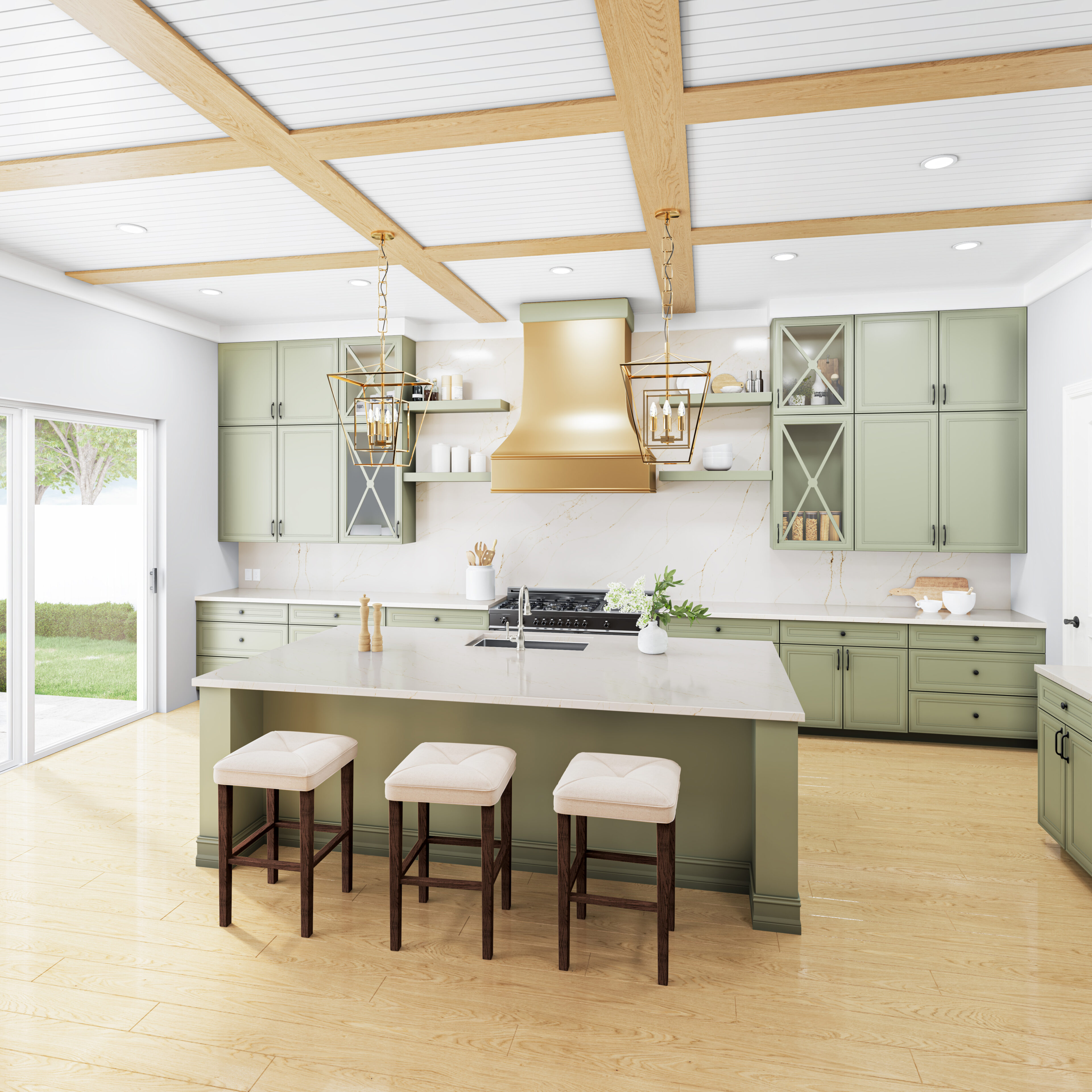 Tramonto installed in traditional kitchen with sage green cabinets and gold accents.