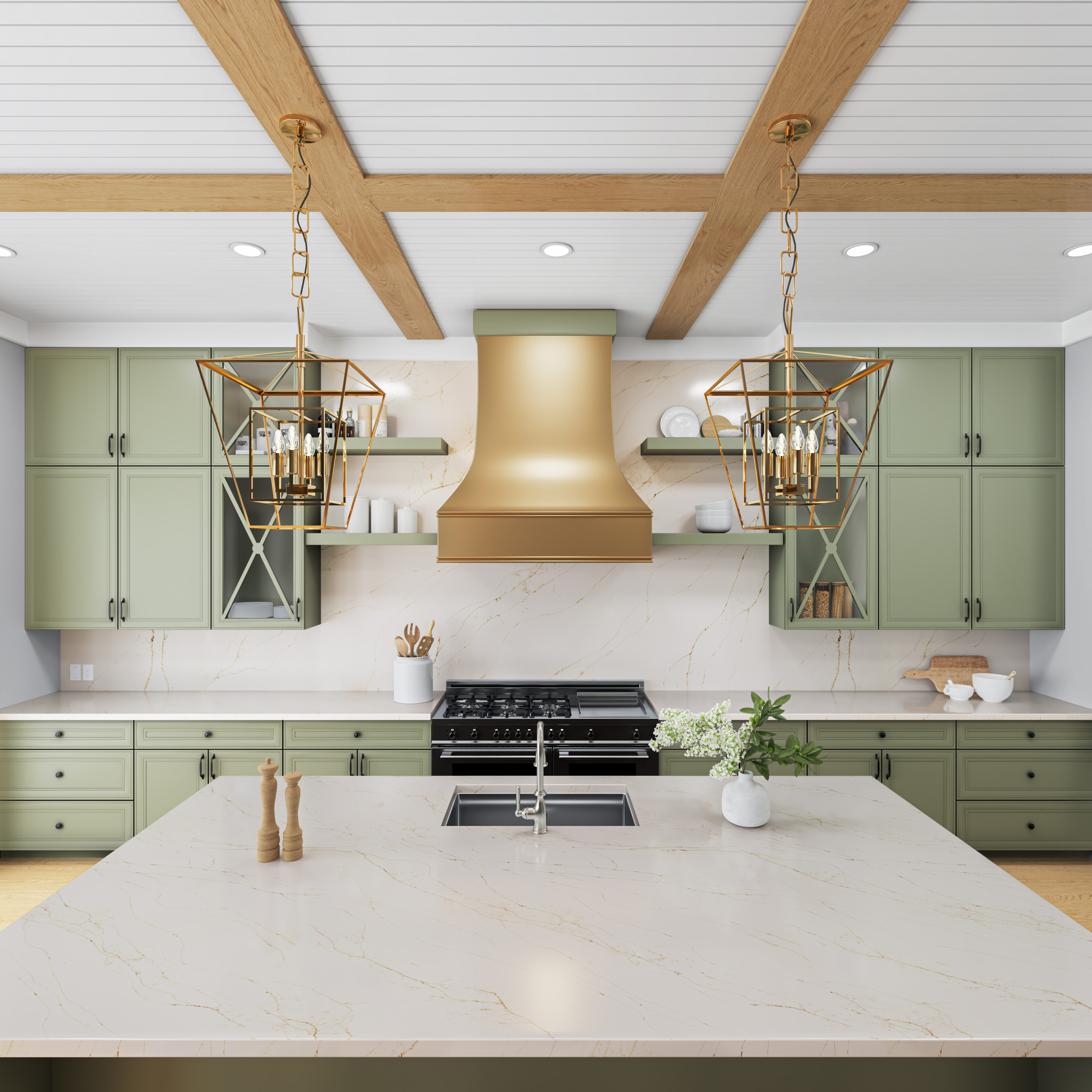 Tramonto installed in traditional kitchen with sage green cabinets and gold accents.