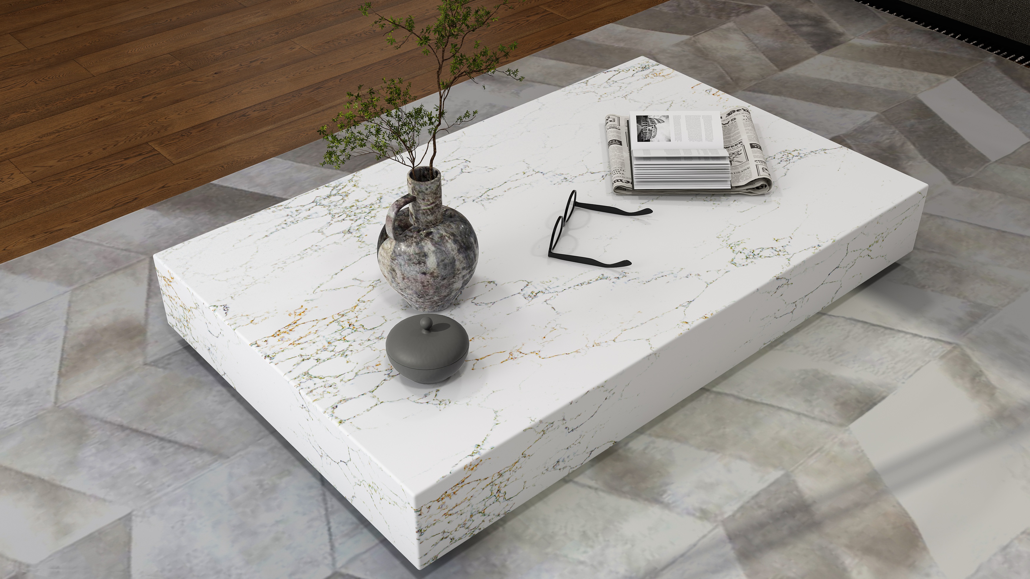 Blossom Mist white quartz surface with grey veining in a modern living room interior