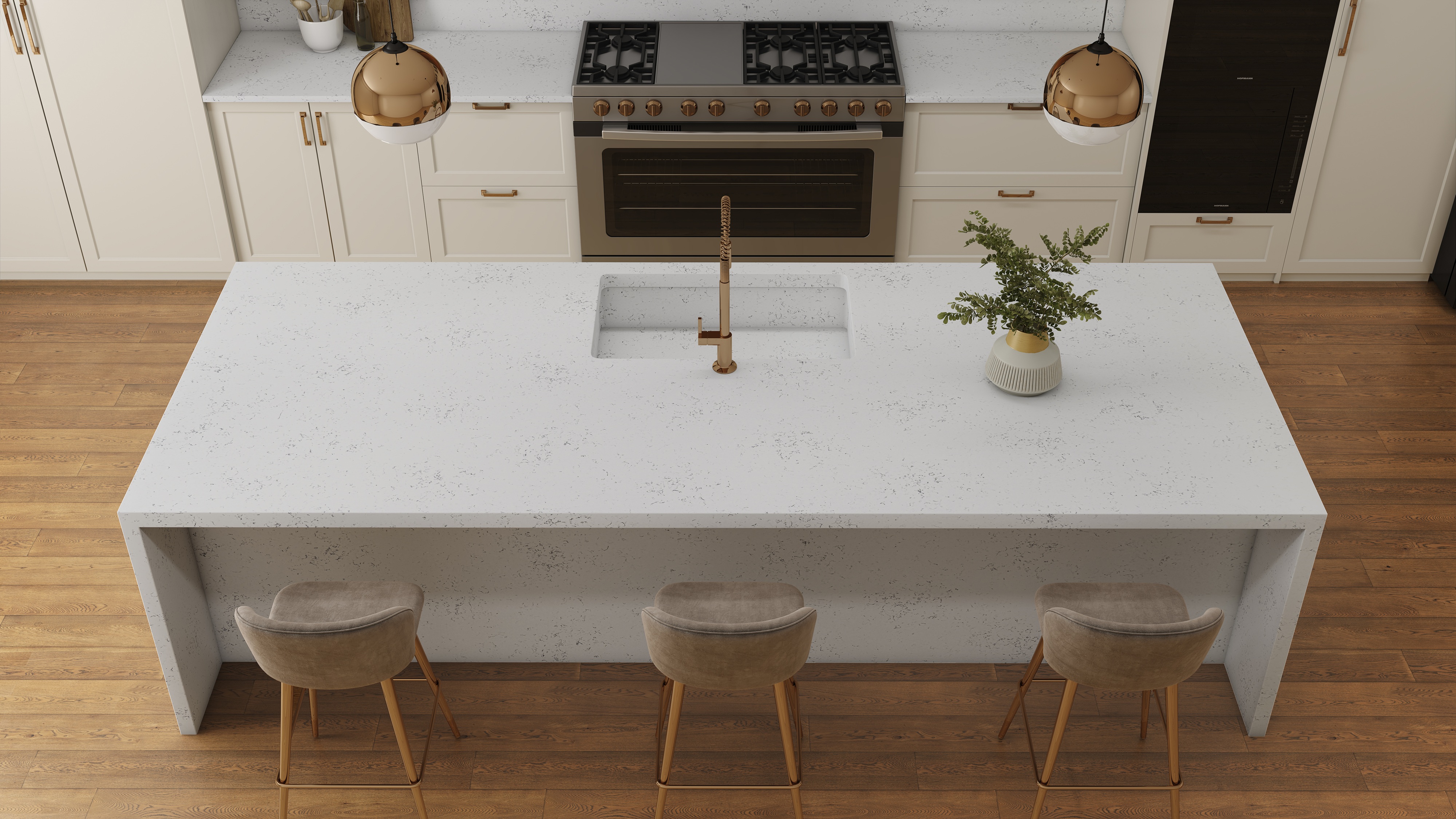 Carrara Vario quartz Kitchen slab with soft grey veining on a luminous white background