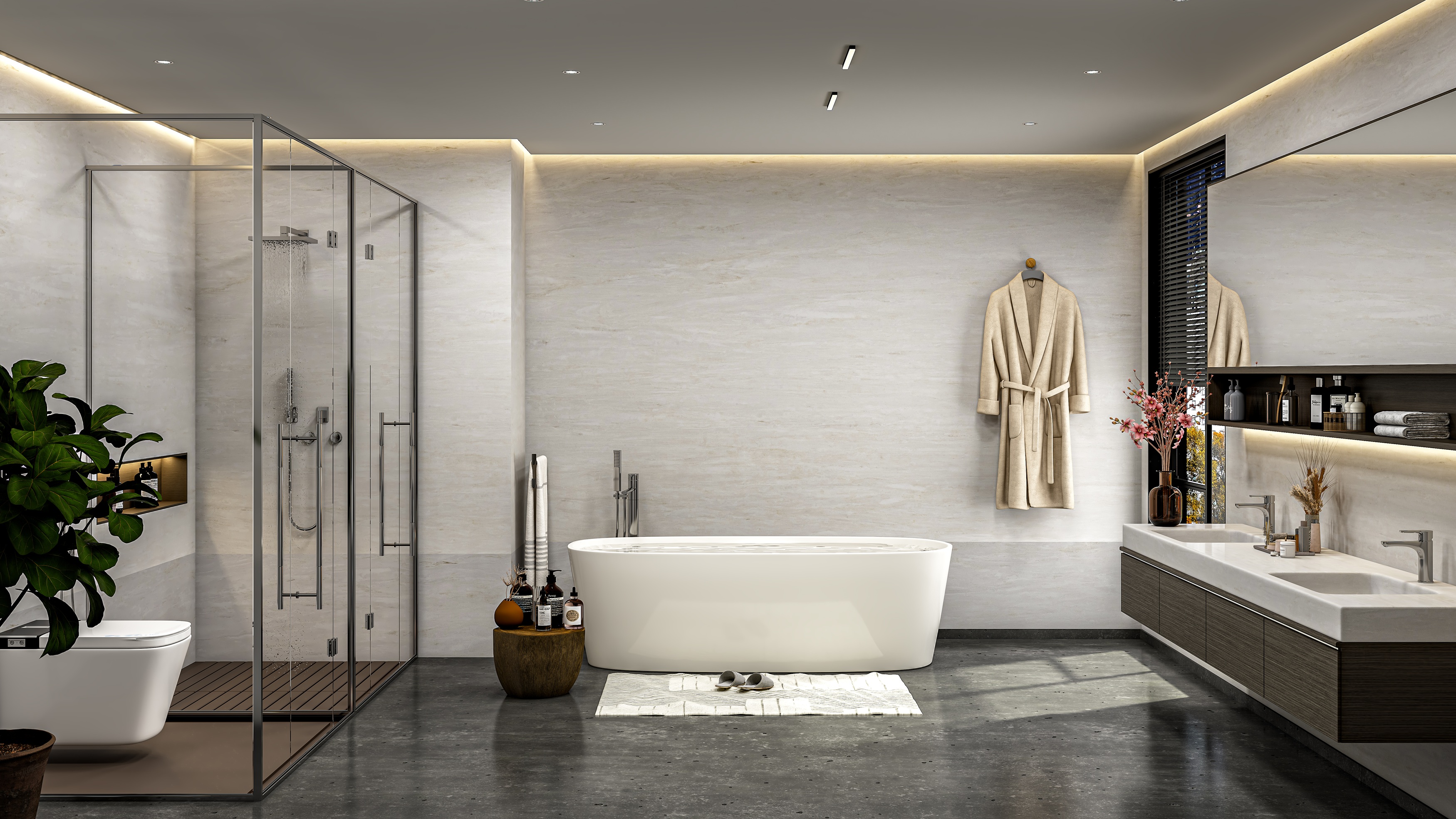 Catera white quartz bathroom surface with warm grey veining in a luxury spa-inspired bath