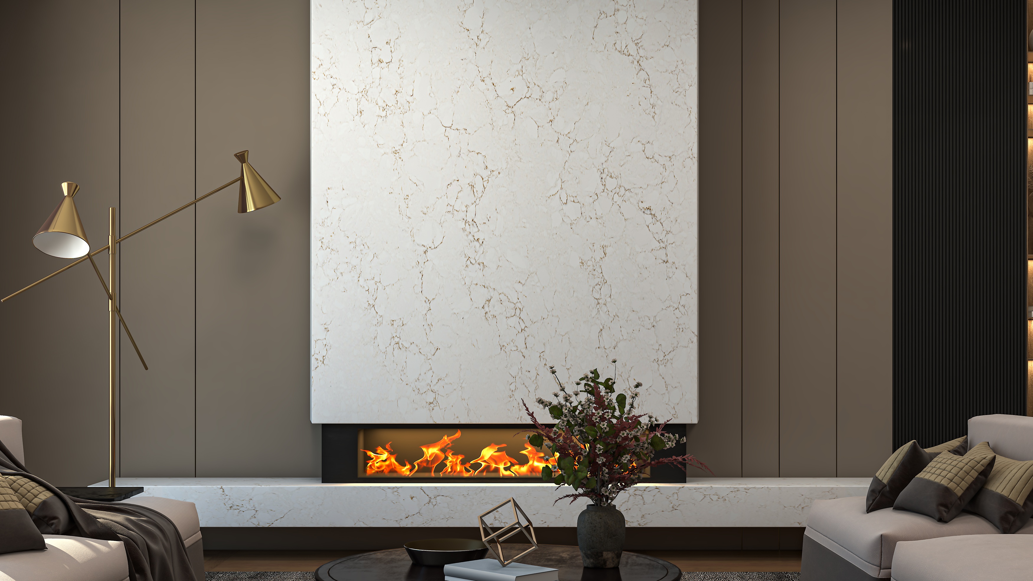 Cielo Sky white quartz living room surface with soft grey movement in a modern living room interior