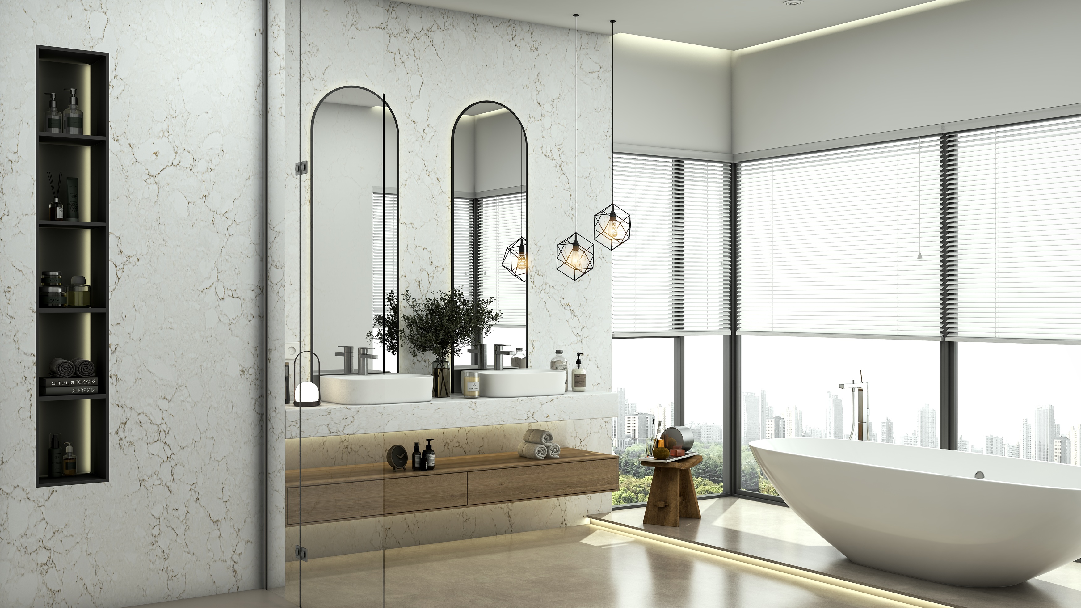 Cielo Sky white quartz bathroom countertop with airy grey movement in a luxury spa bathroom