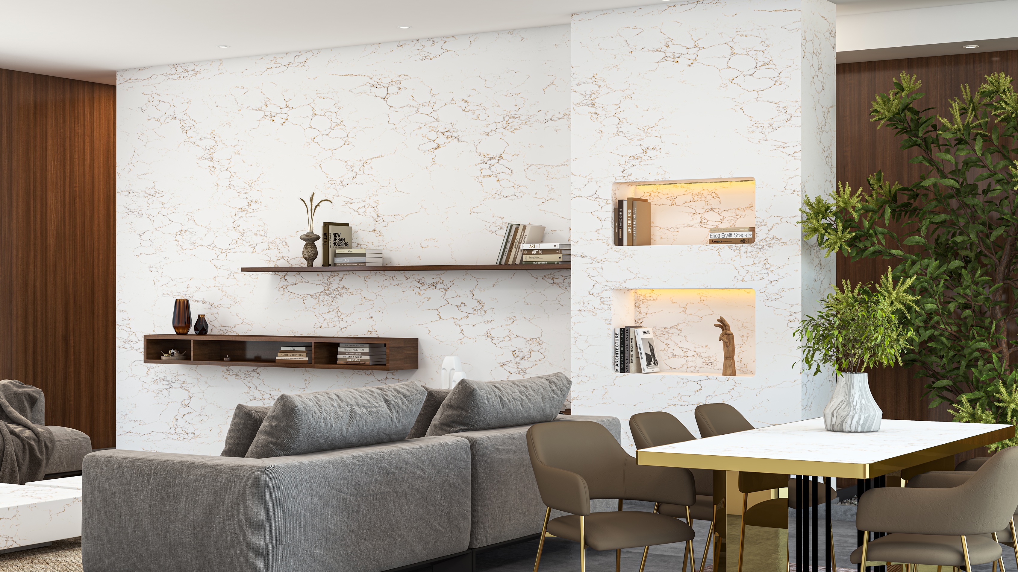 Enza Oro white quartz living room surface with golden veining