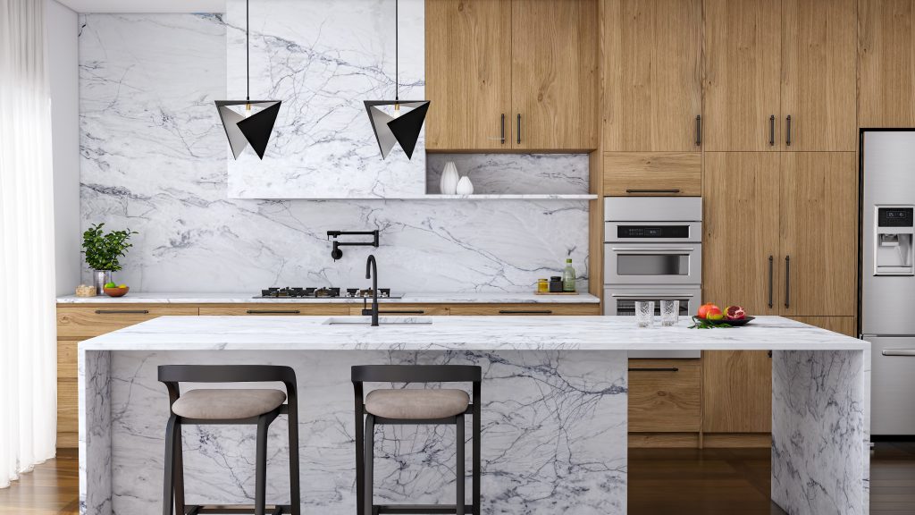 polished countertop finish Fantasy Lux quartzite white kitchen island