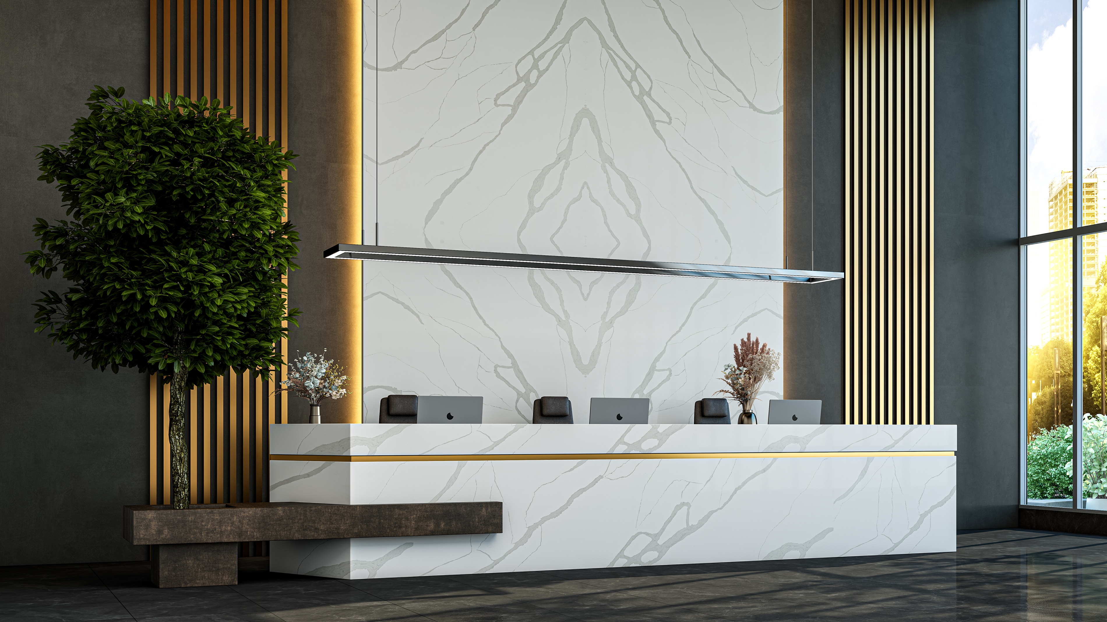 Terra Lite Grey quartz surface used in a modern reception area with soft grey tones