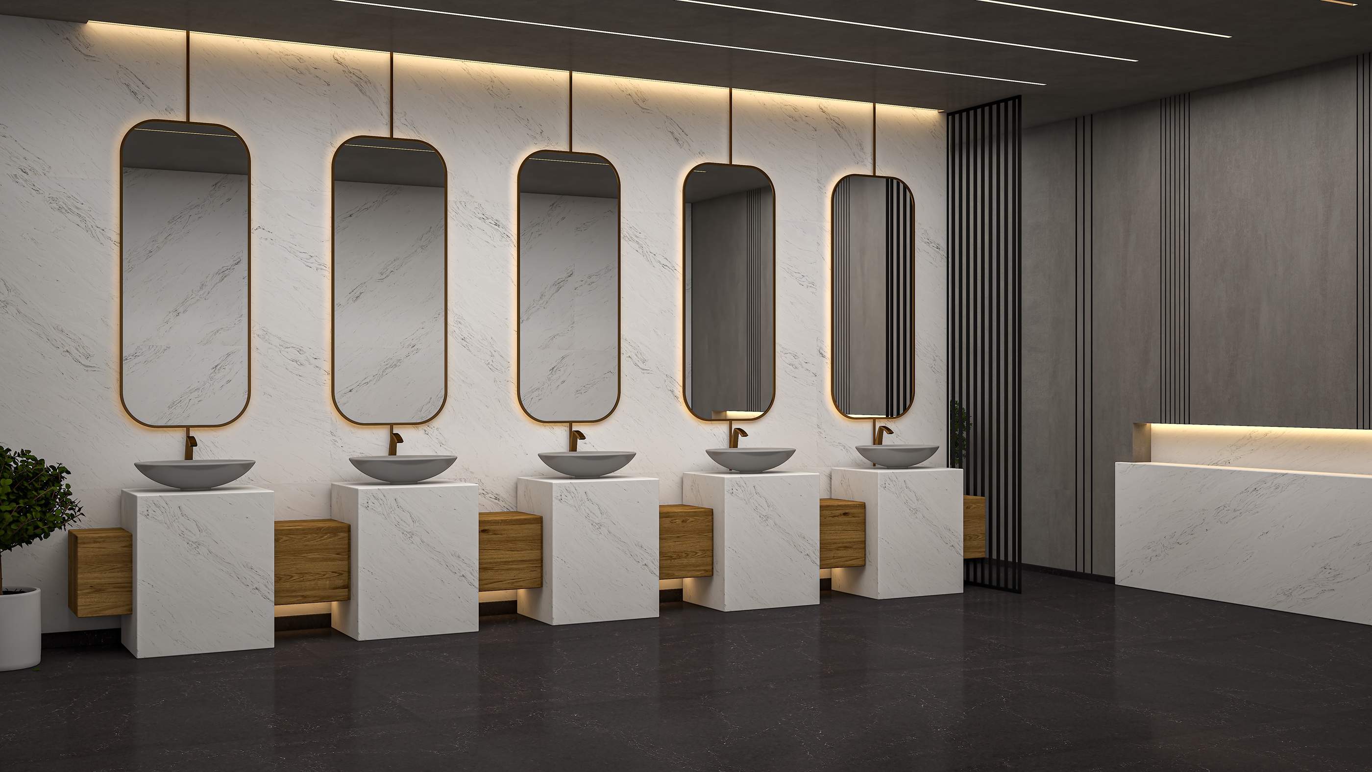 River Mist quartz countertops for commercial washroom by PentalQuartz