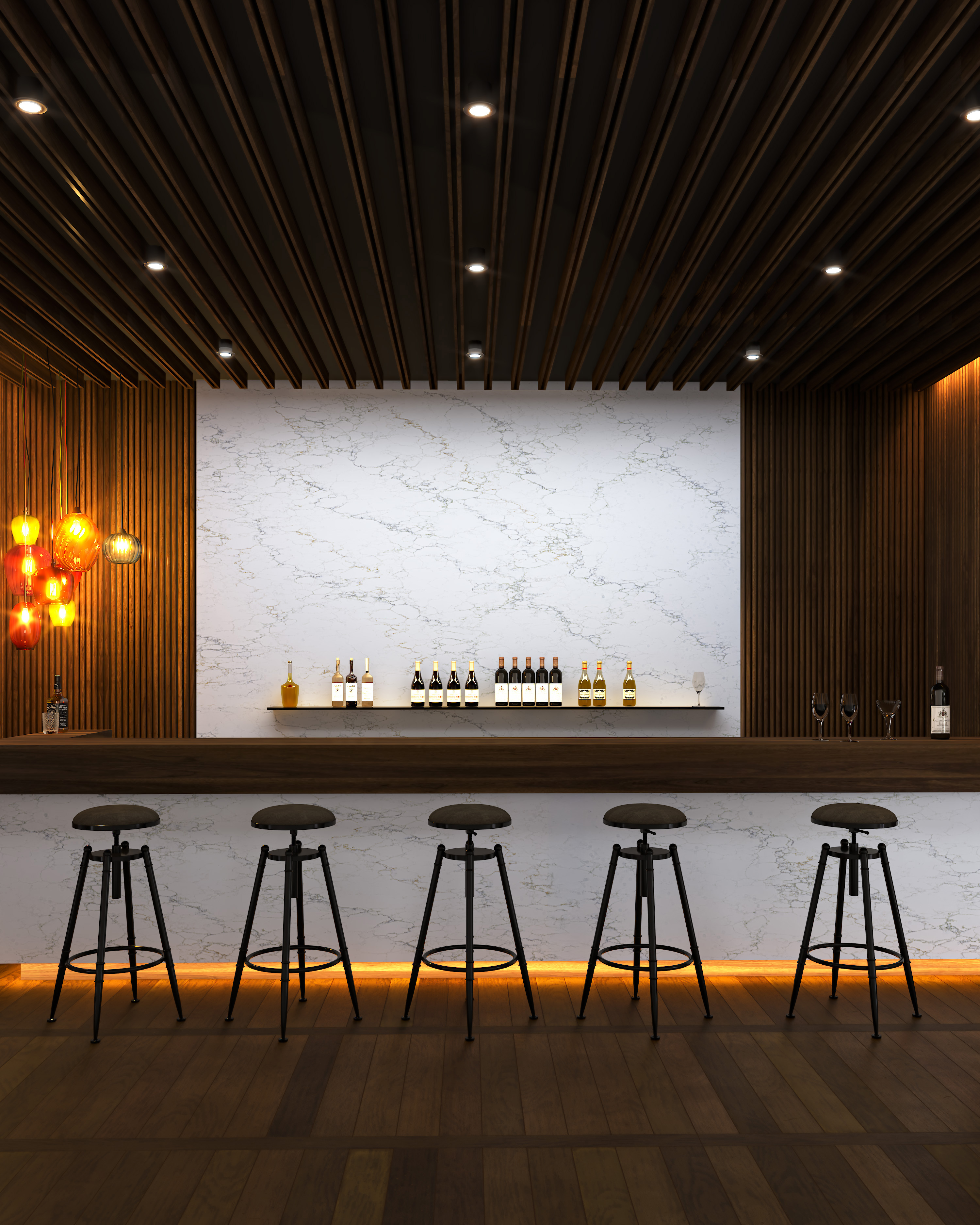 Blossom Mist white quartz bar countertop with refined grey veining in a luxury home bar