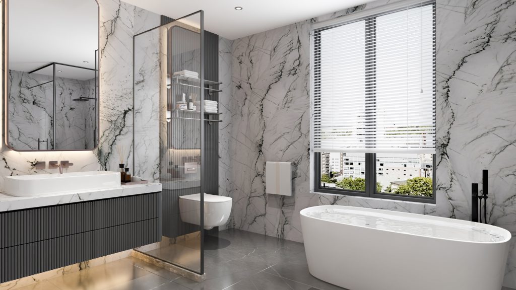 Marble bathroom vanity & quartzite countertops