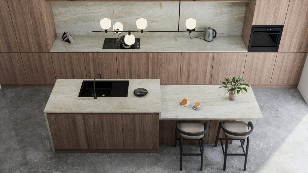 Leathered countertop Taj Mahal quartzite kitchen natural stone