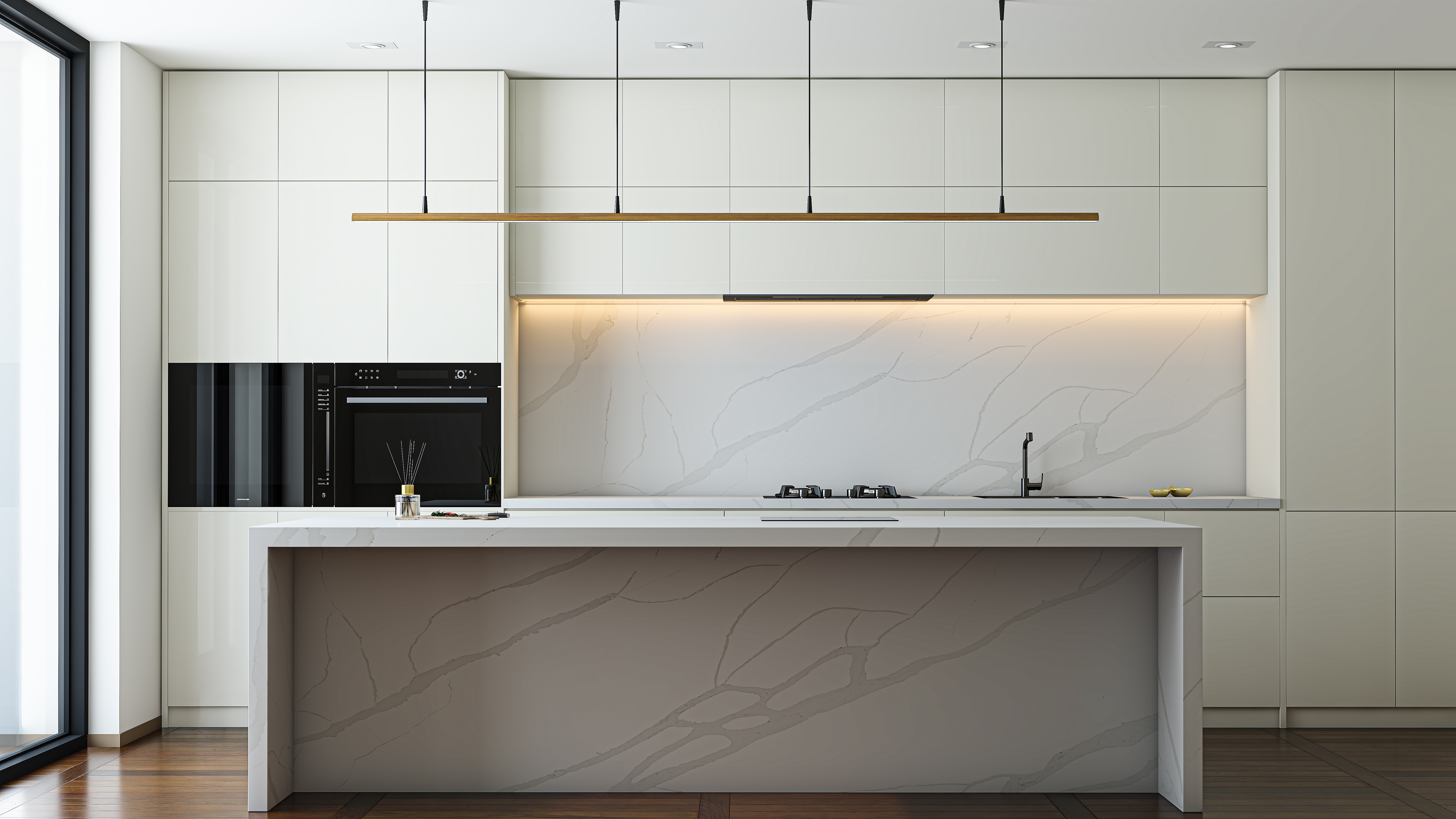 Terra Lite Gold quartz slab with soft beige tones and warm flowing veining