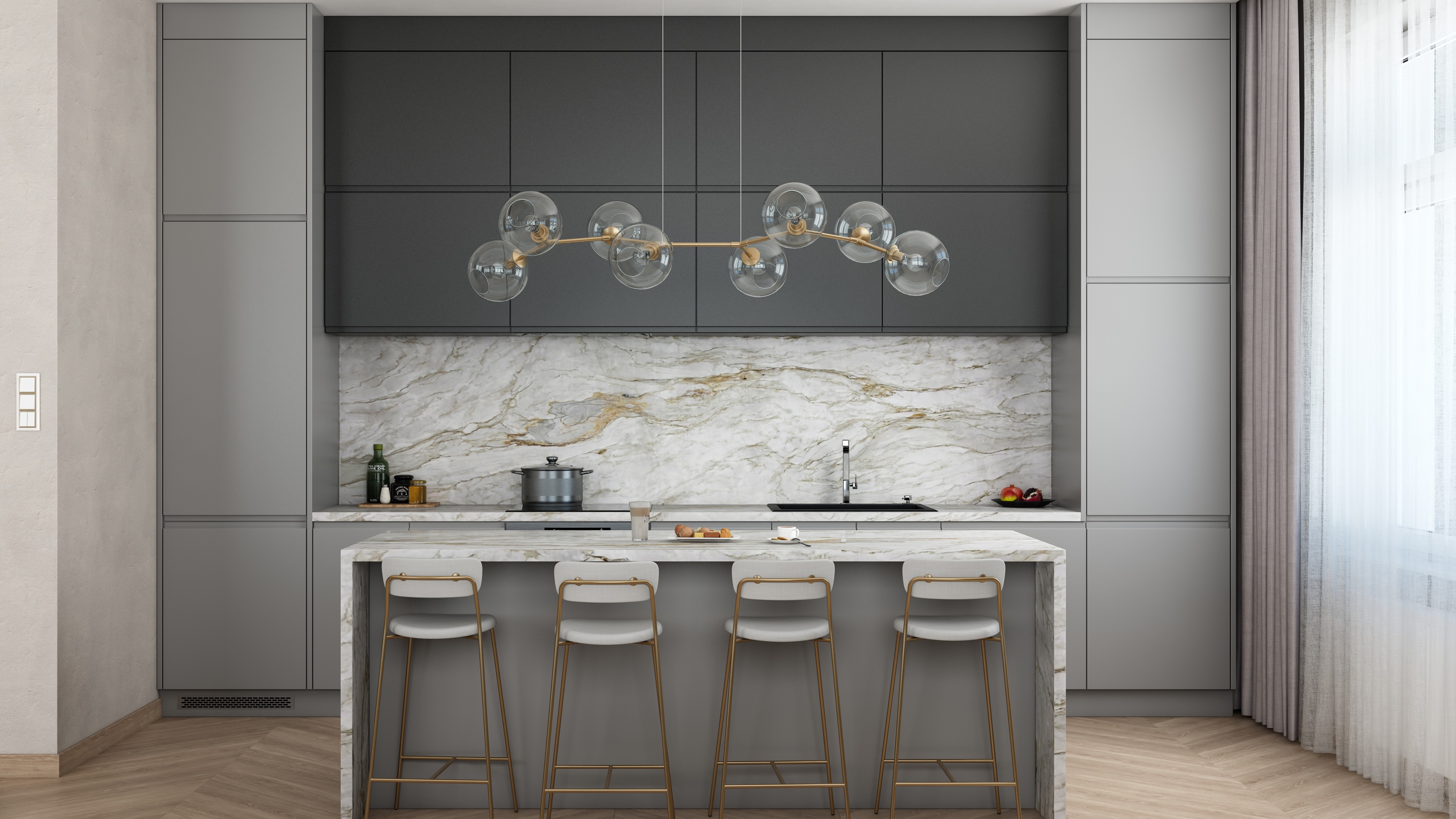 Calacatta Oro natural stone marble kitchen countertop with grey and golden veining